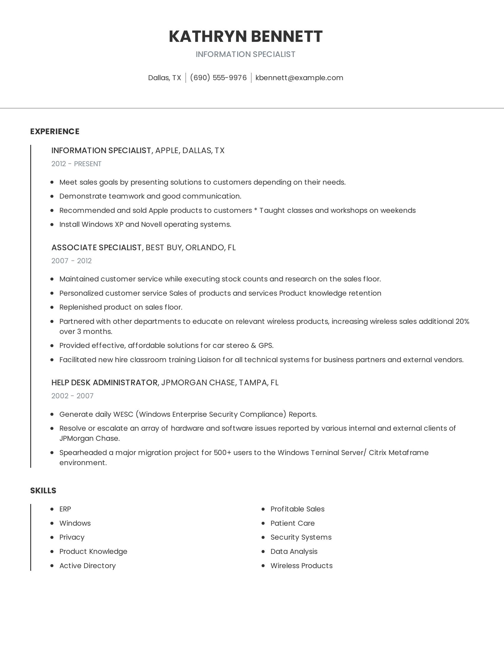 Information Specialist resume example