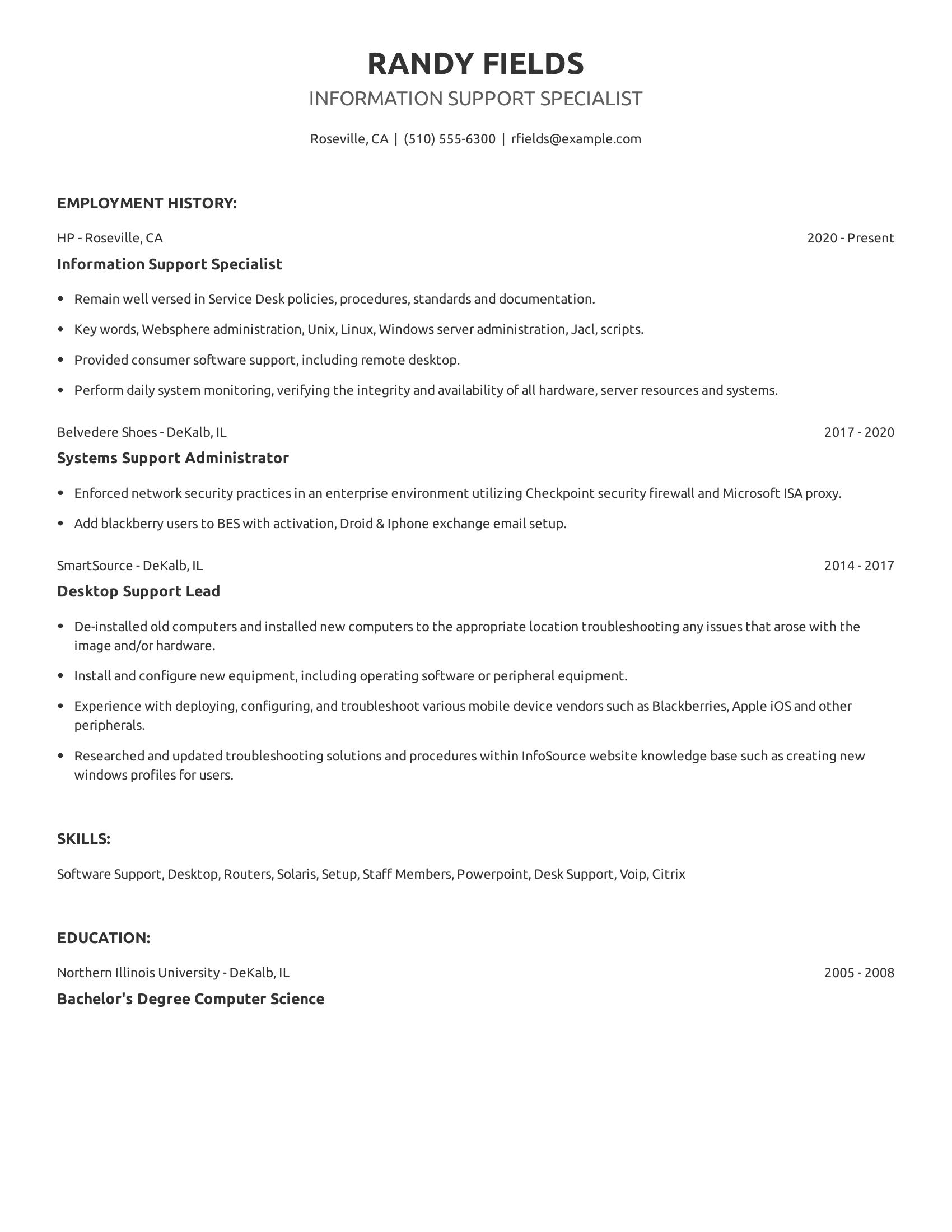 Information Support Specialist resume example