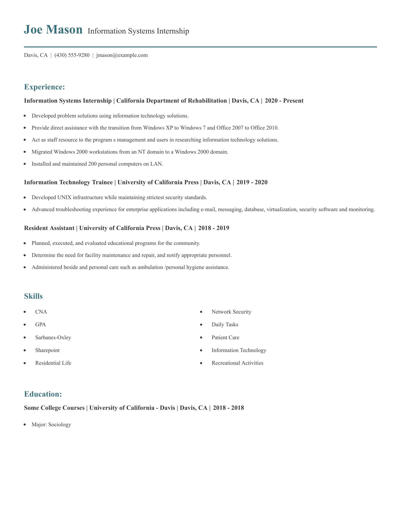 Information Systems Internship resume example