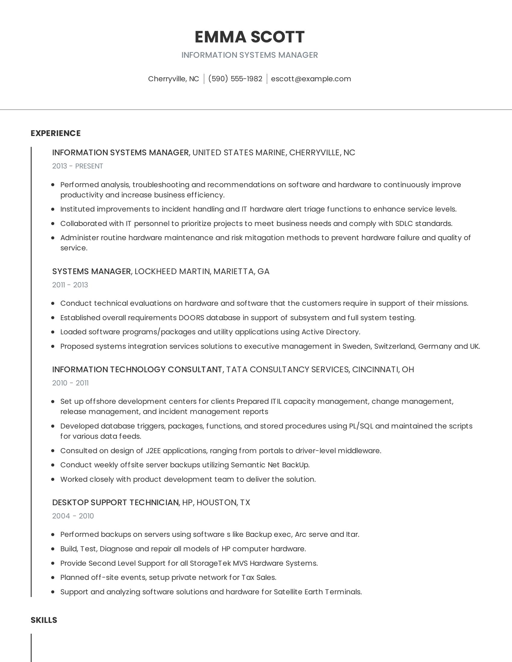 Information Systems Manager resume example