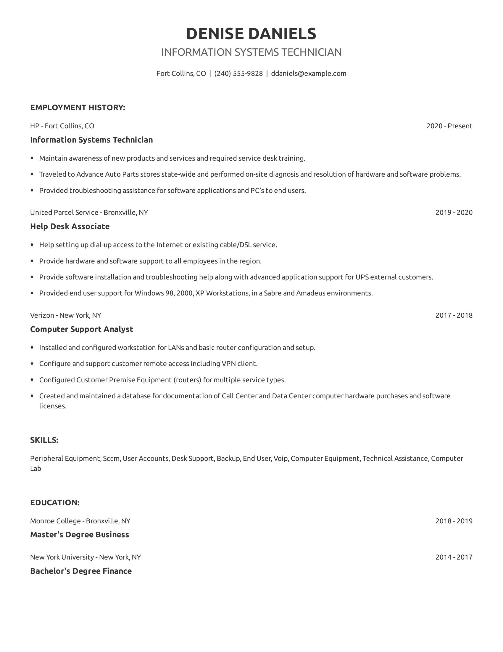 Information Systems Technician resume example