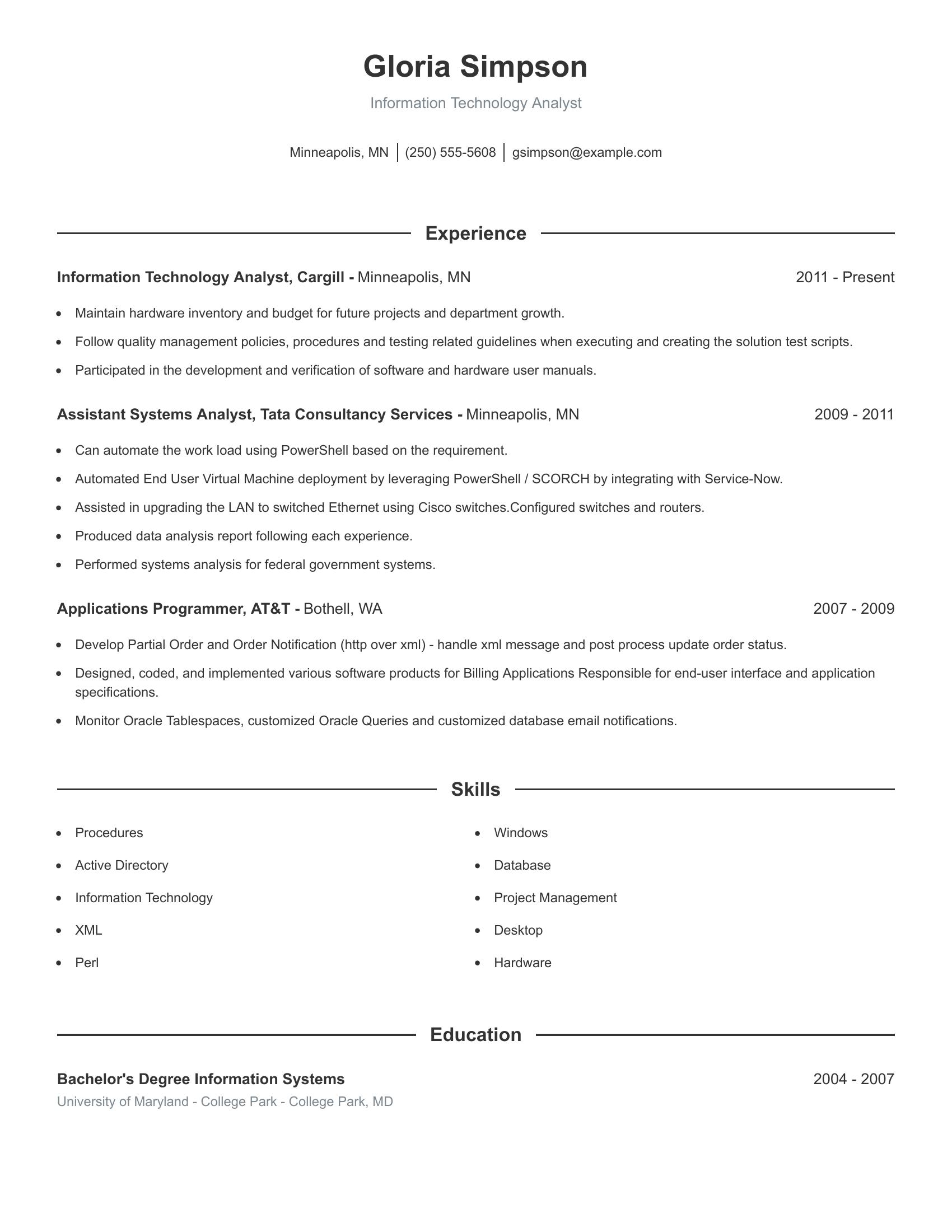 Information Technology Analyst resume example