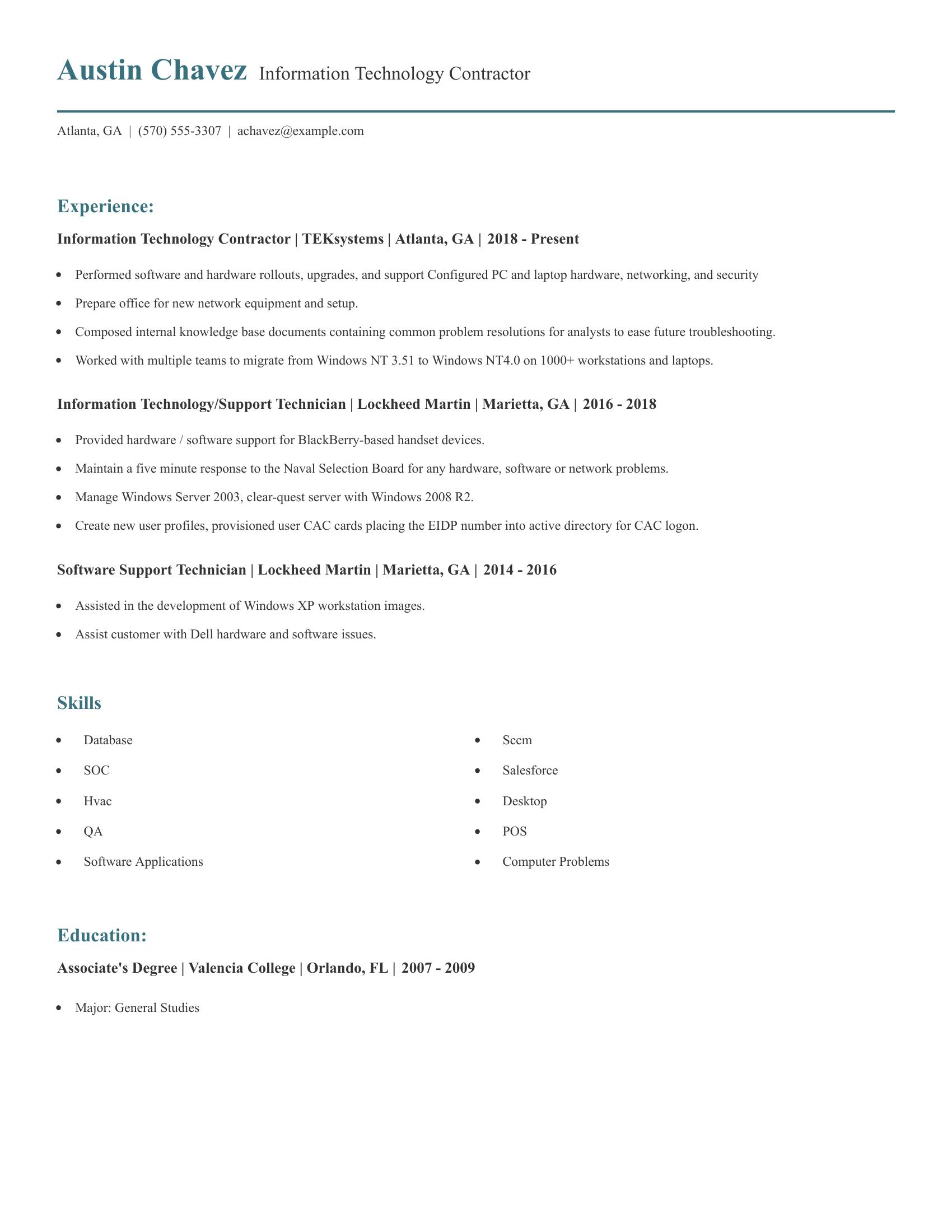 Information Technology Contractor resume example