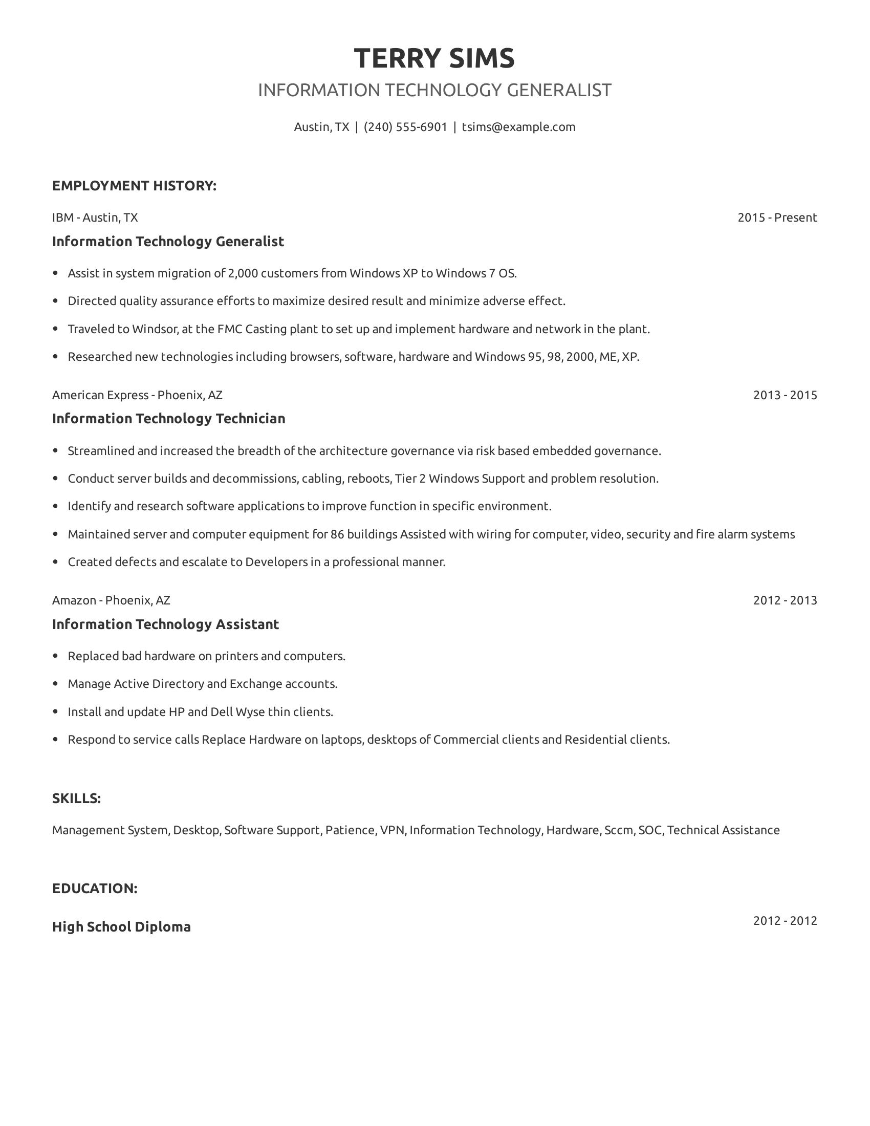 Information Technology Generalist resume example