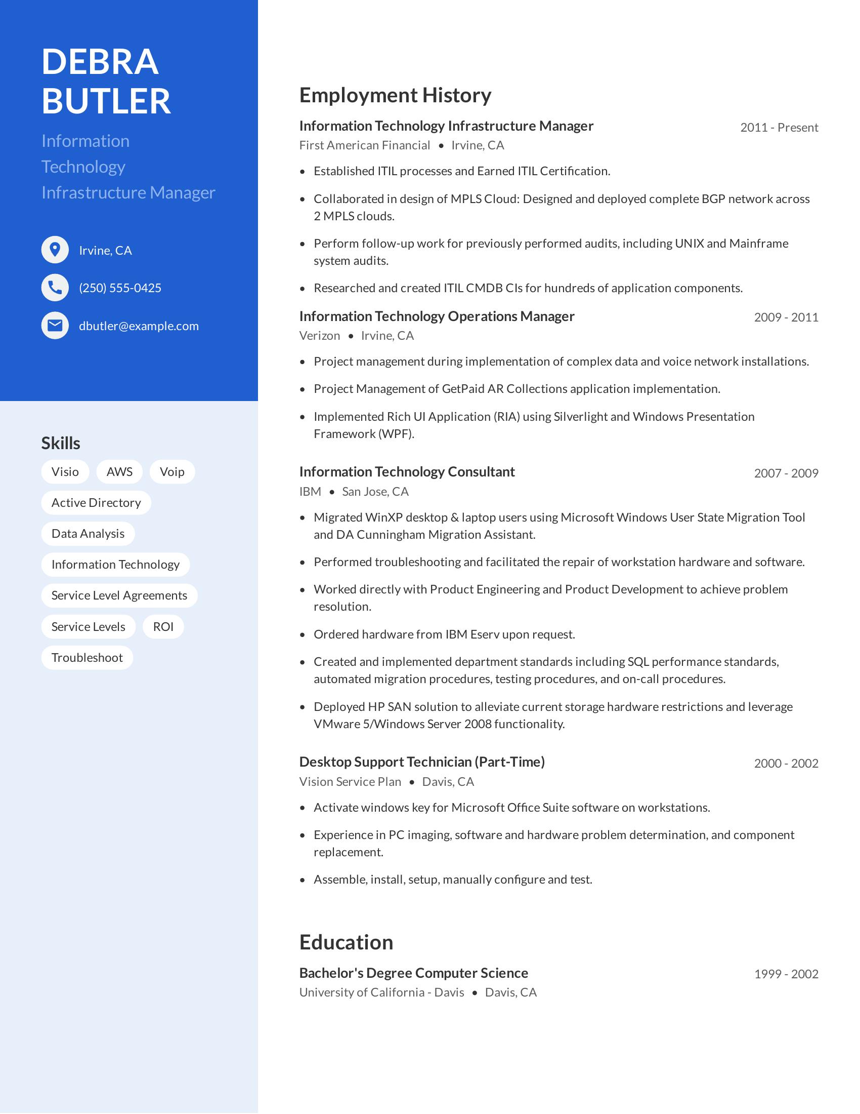 Information Technology Infrastructure Manager resume example