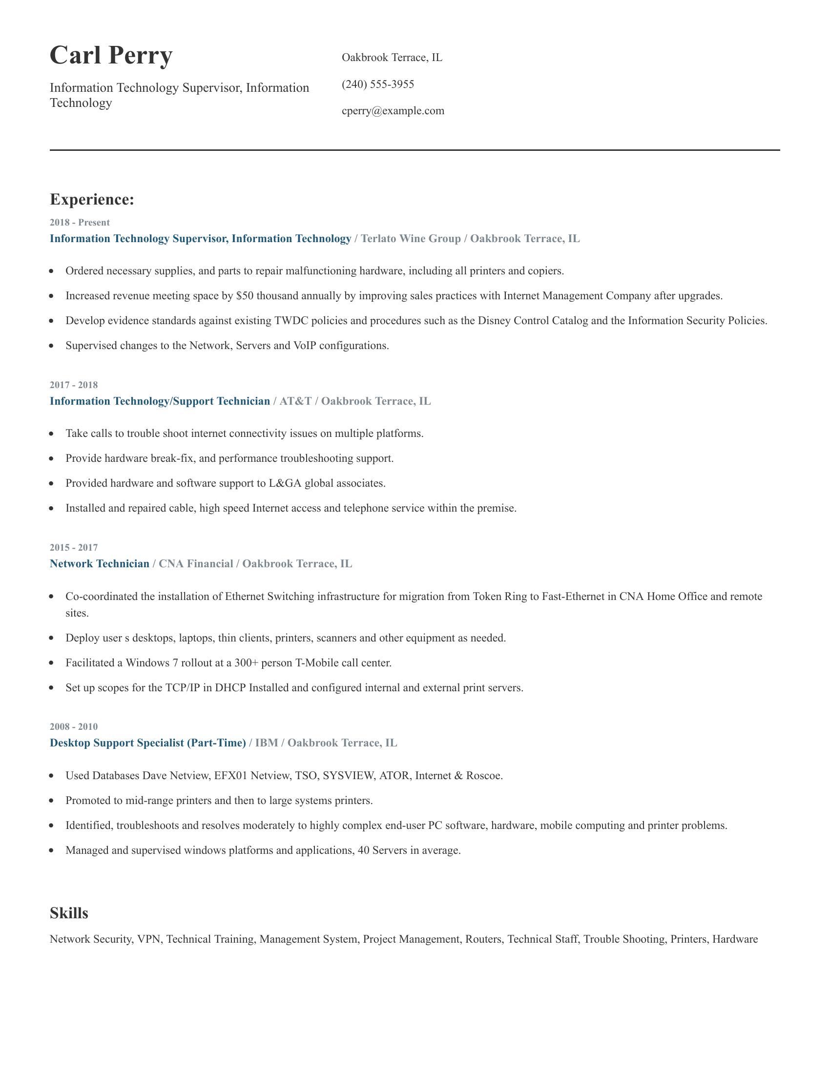 Information Technology Supervisor, Information Technology resume example