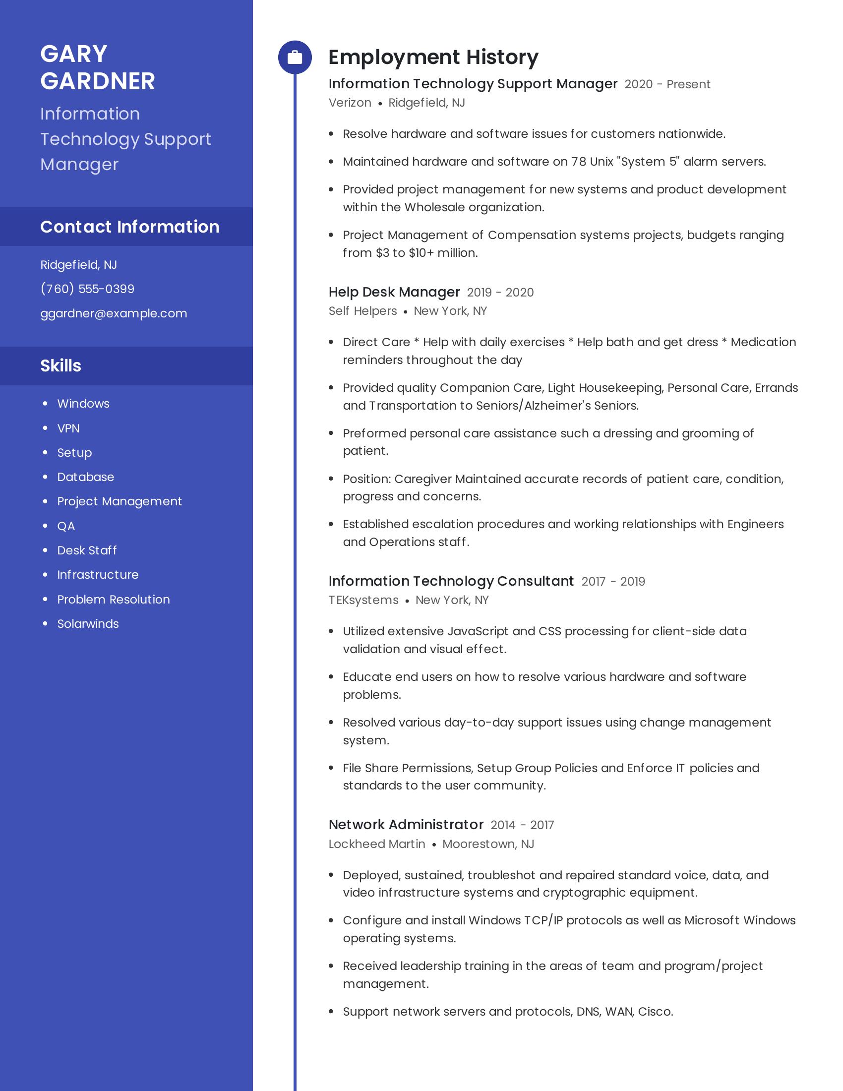 Information Technology Support Manager resume example