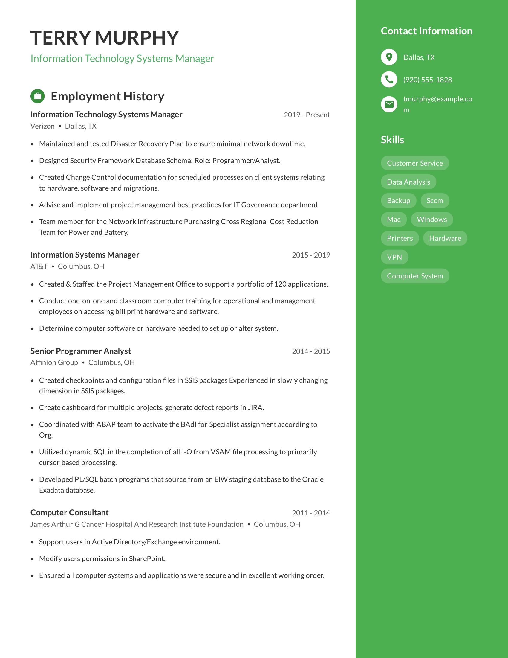 Information Technology Systems Manager resume example