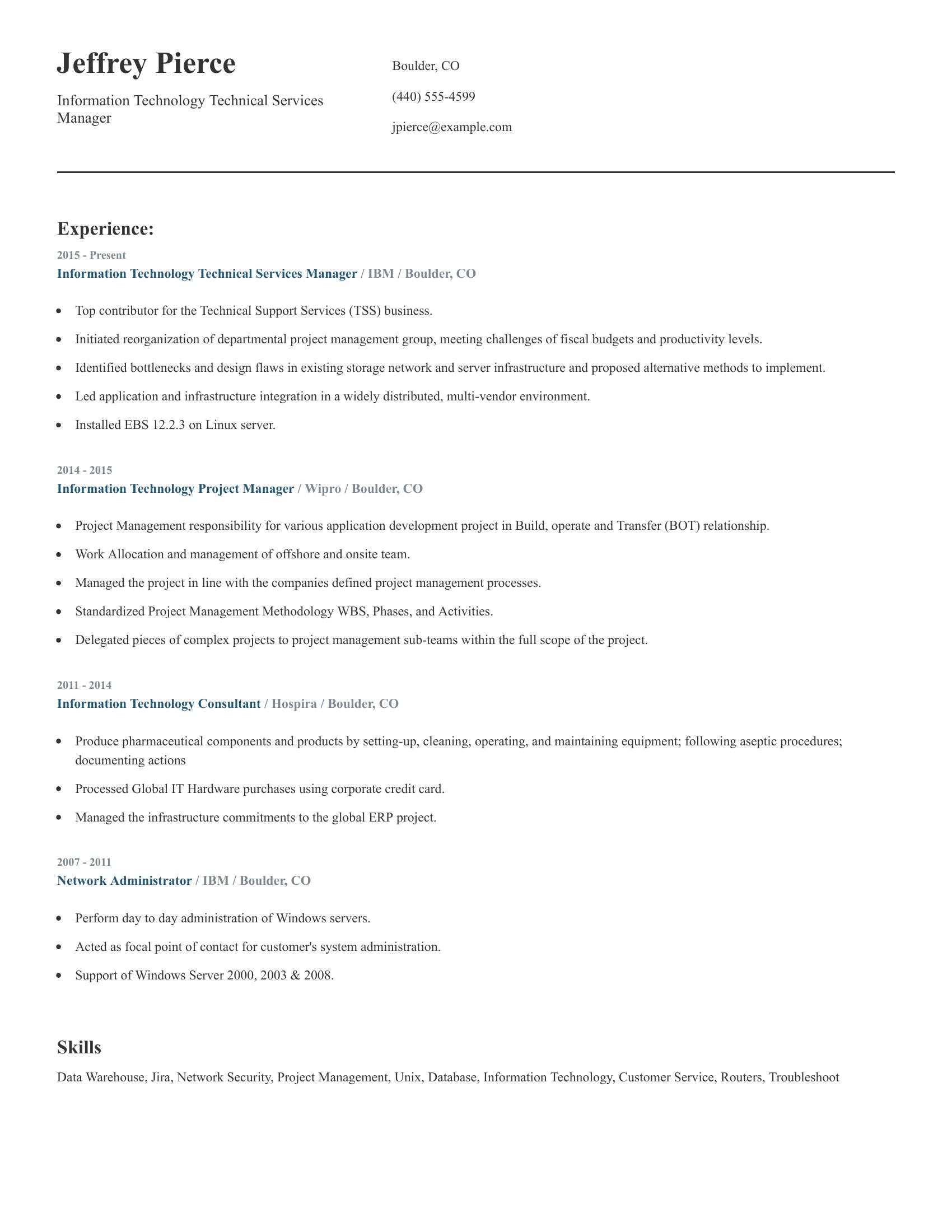 Information Technology Technical Services Manager resume example