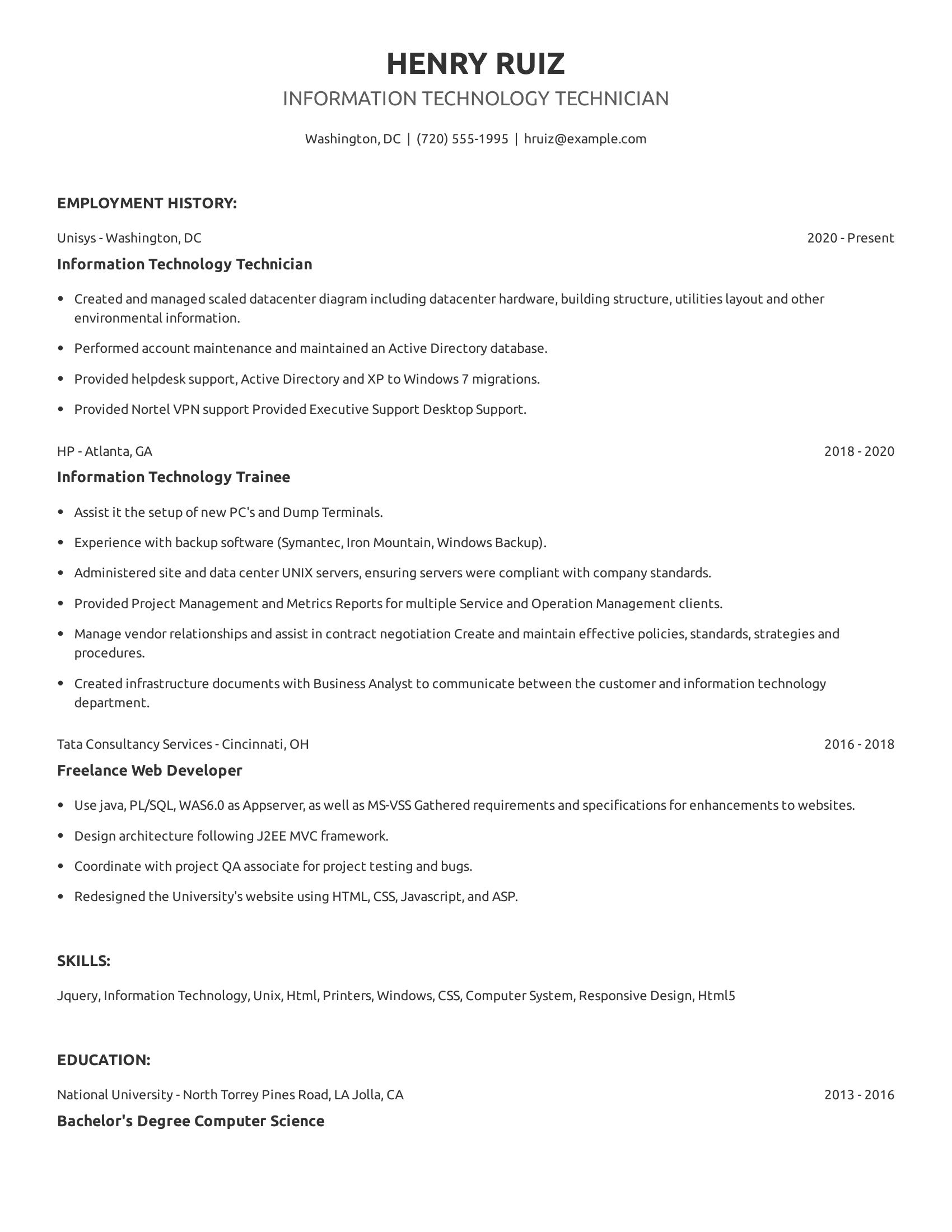 Information Technology Technician resume example