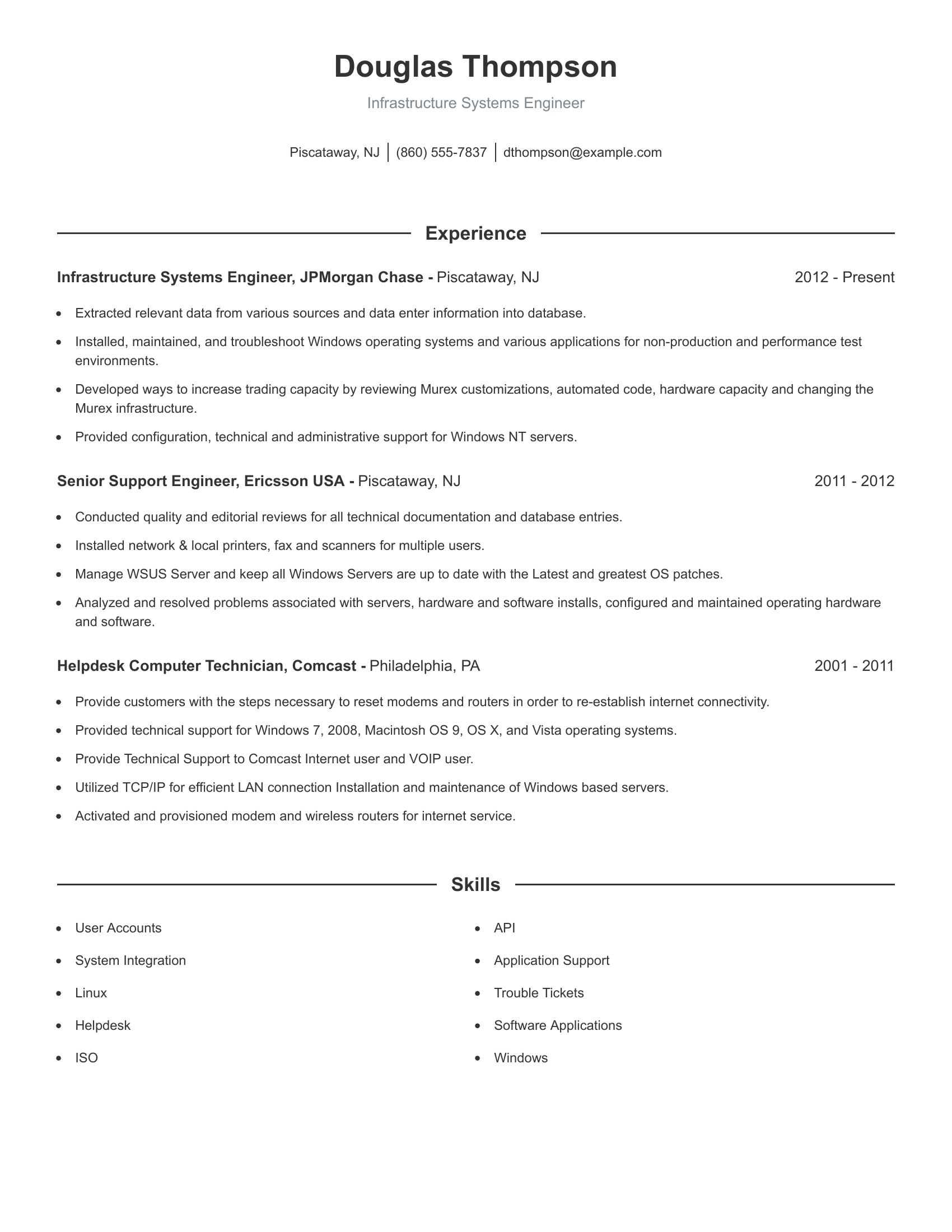 Infrastructure Systems Engineer resume example