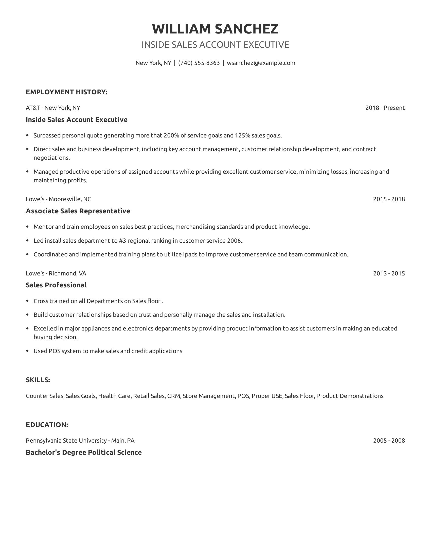 Inside Sales Account Executive resume example