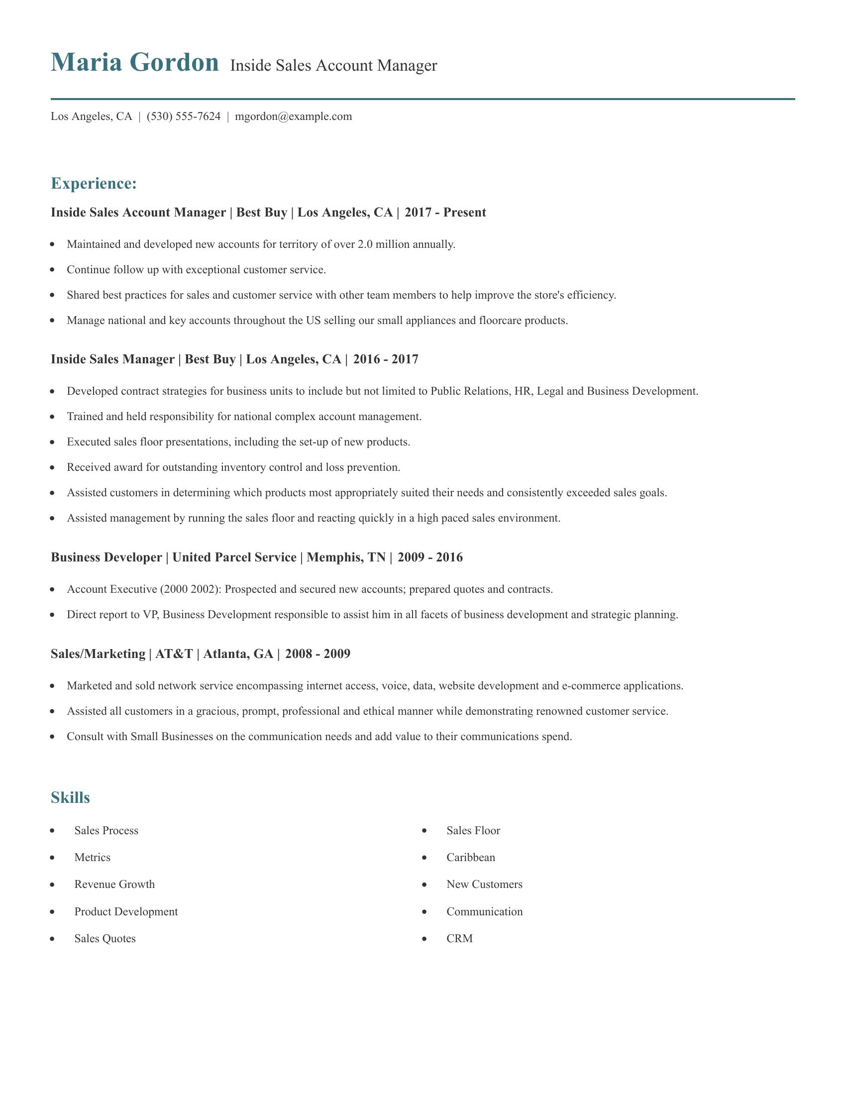 Inside Sales Account Manager resume example