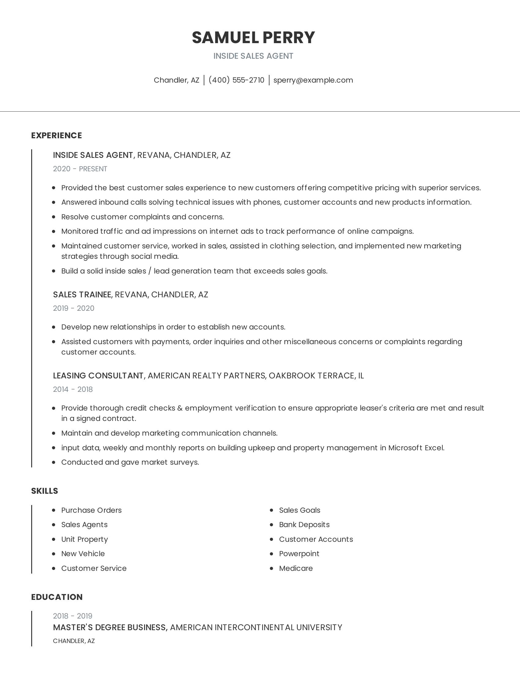 Inside Sales Agent resume example