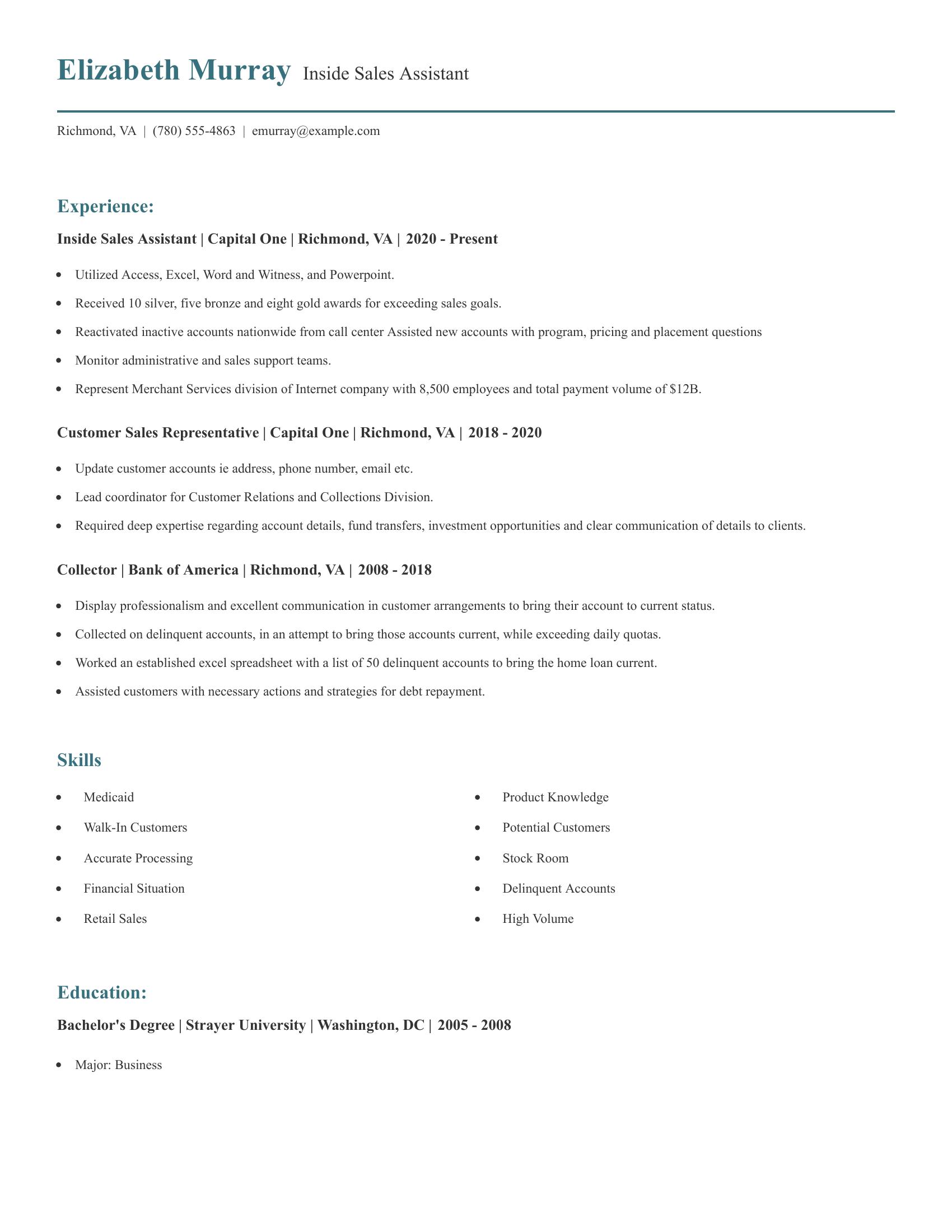 Inside Sales Assistant resume example