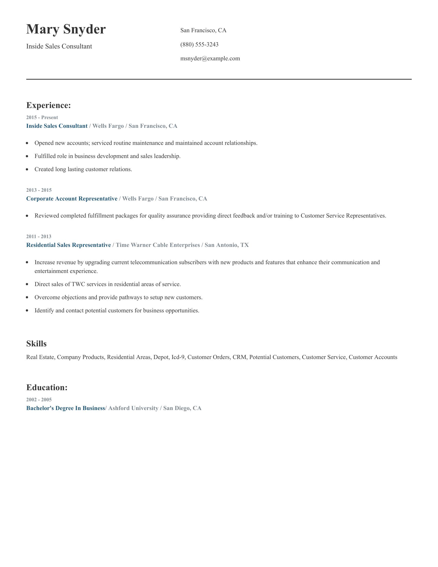 Inside Sales Consultant resume example