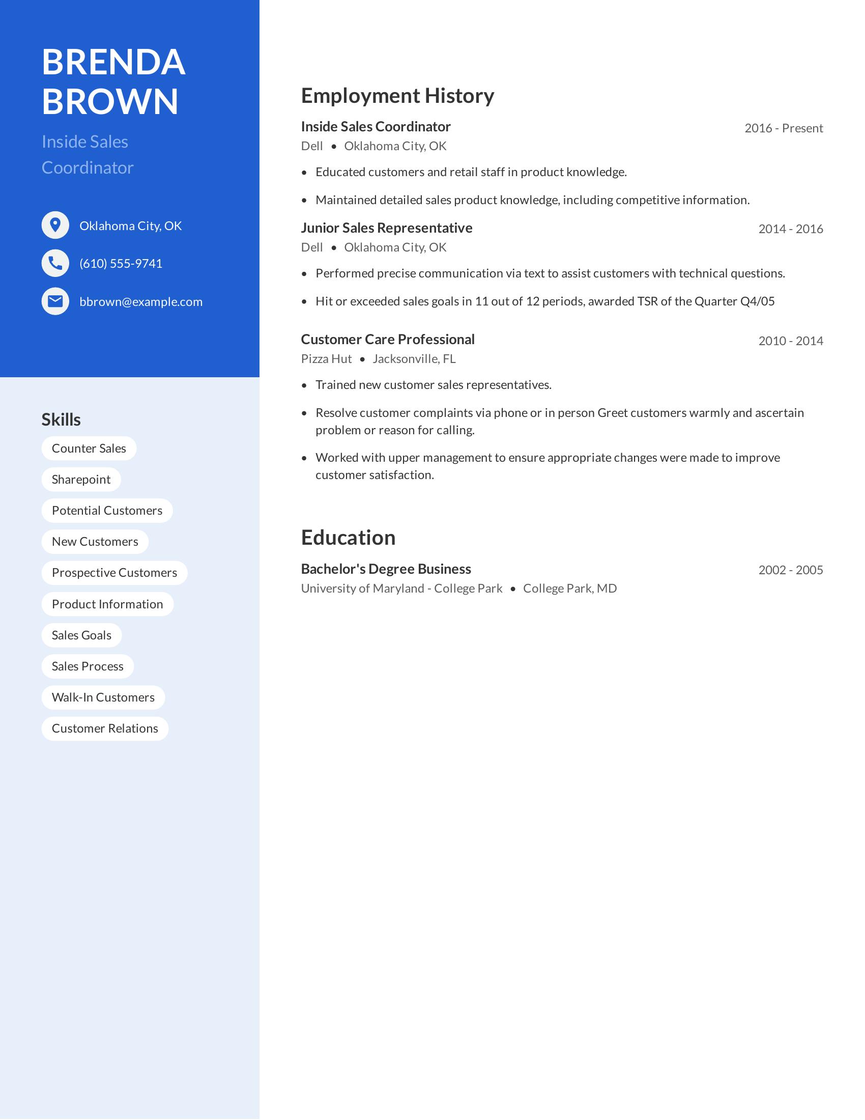 Inside Sales Coordinator resume example