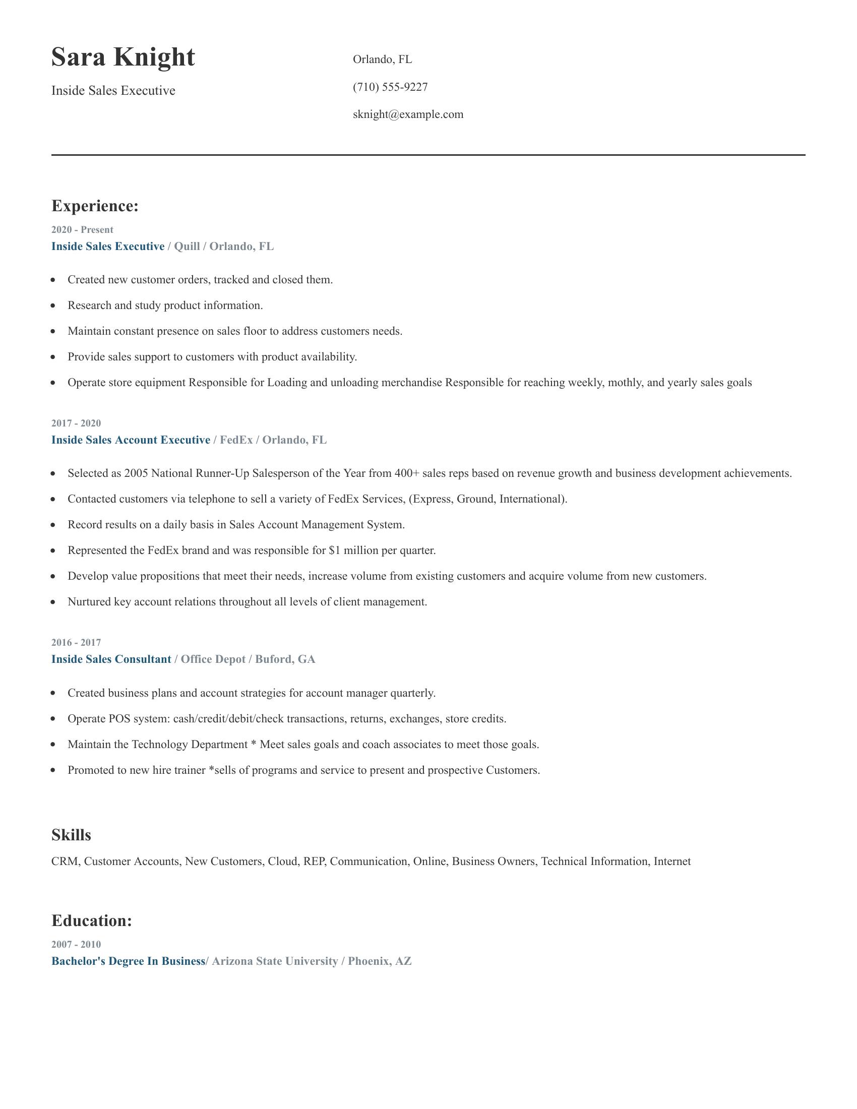 Inside Sales Executive resume example