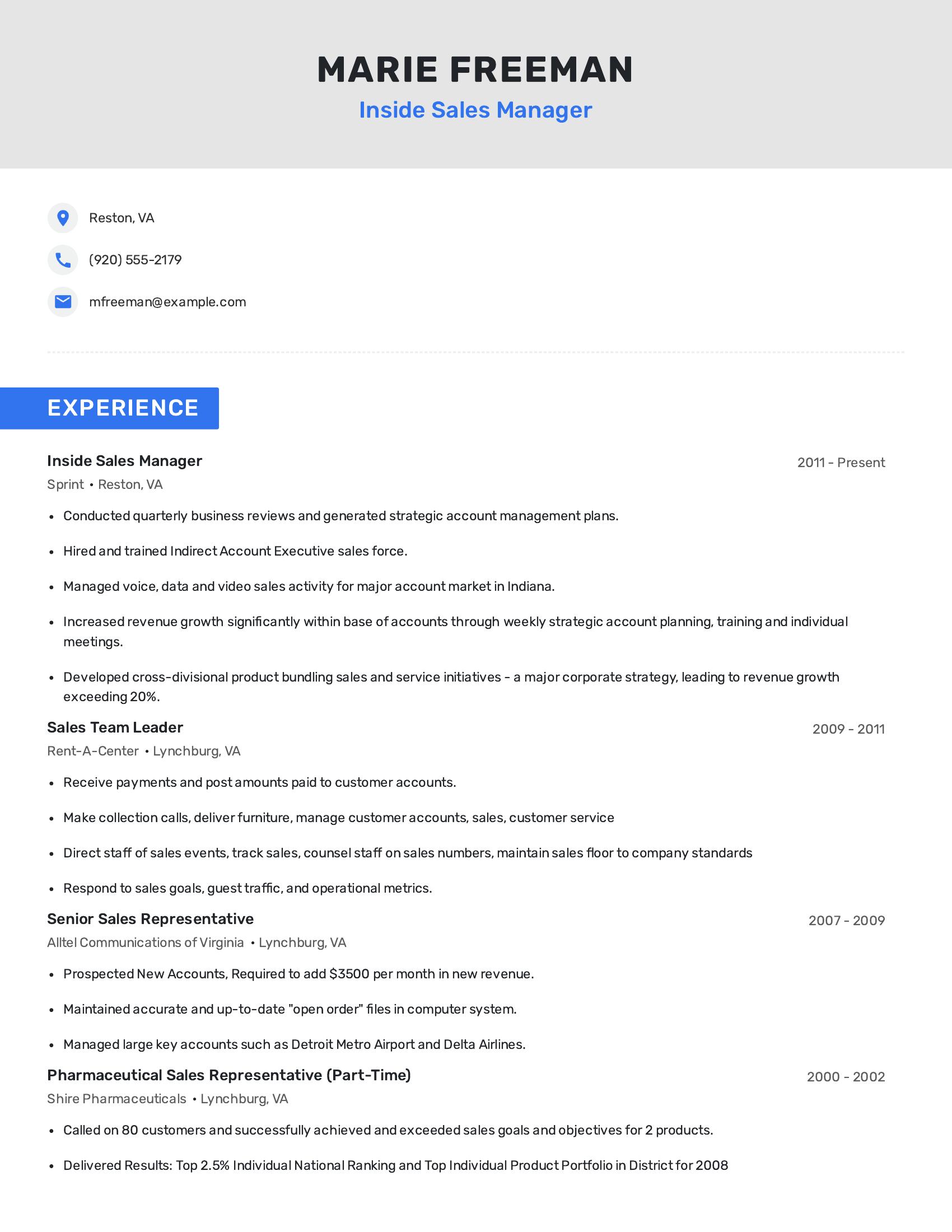 Inside Sales Manager resume example