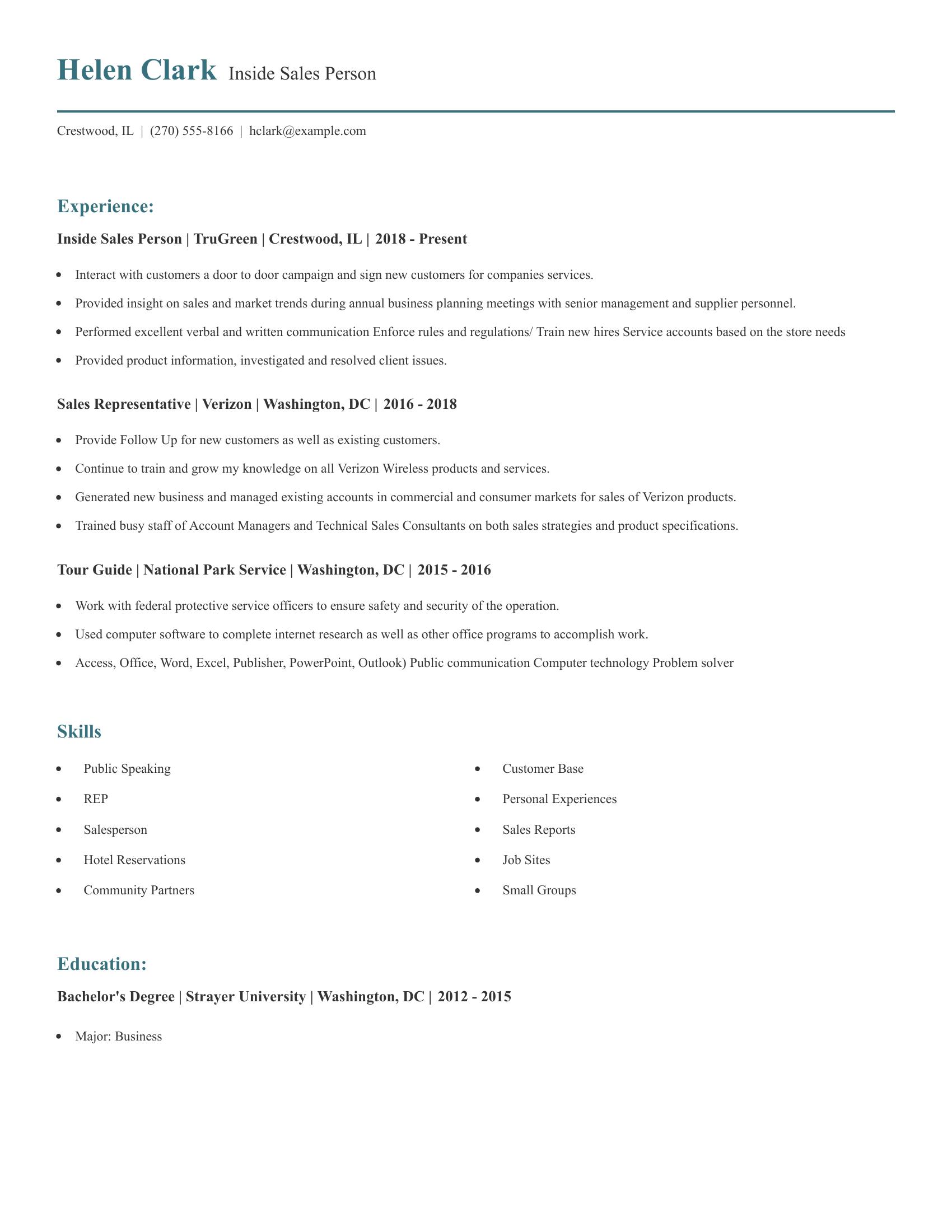 Inside Sales Person resume example