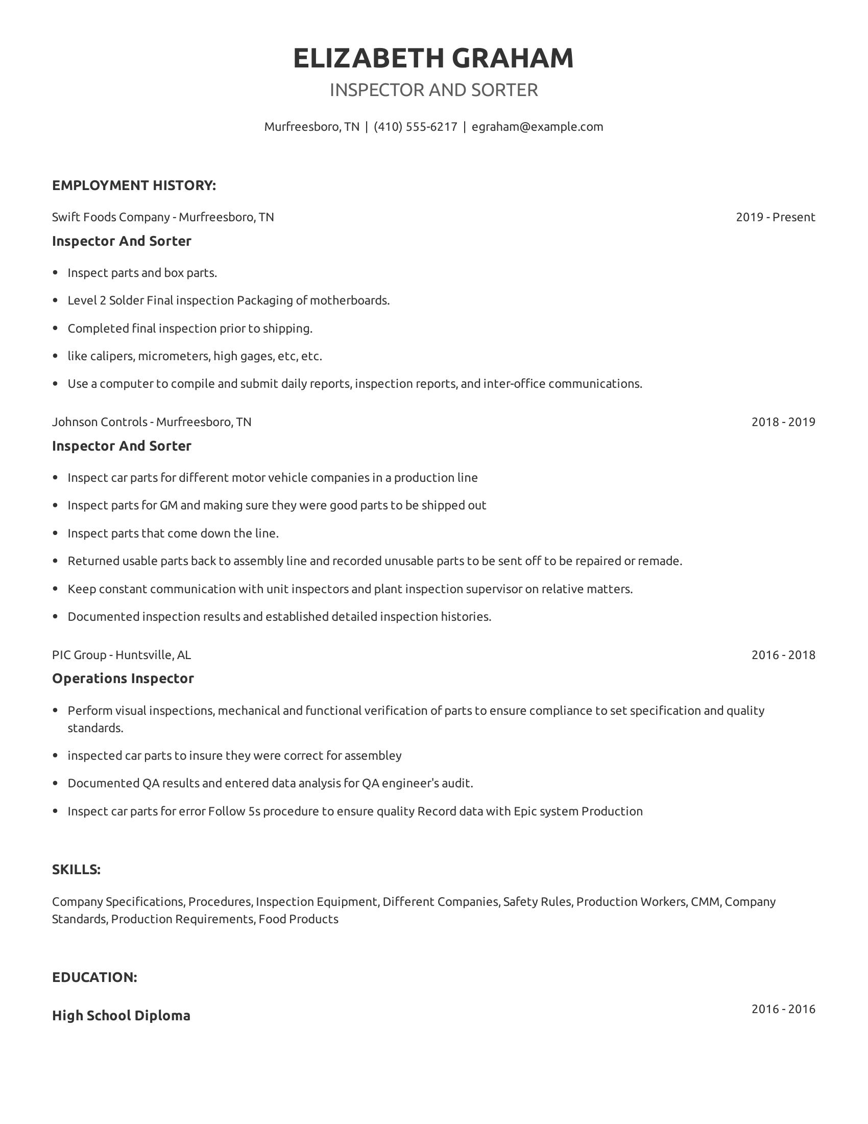 Inspector And Sorter resume example