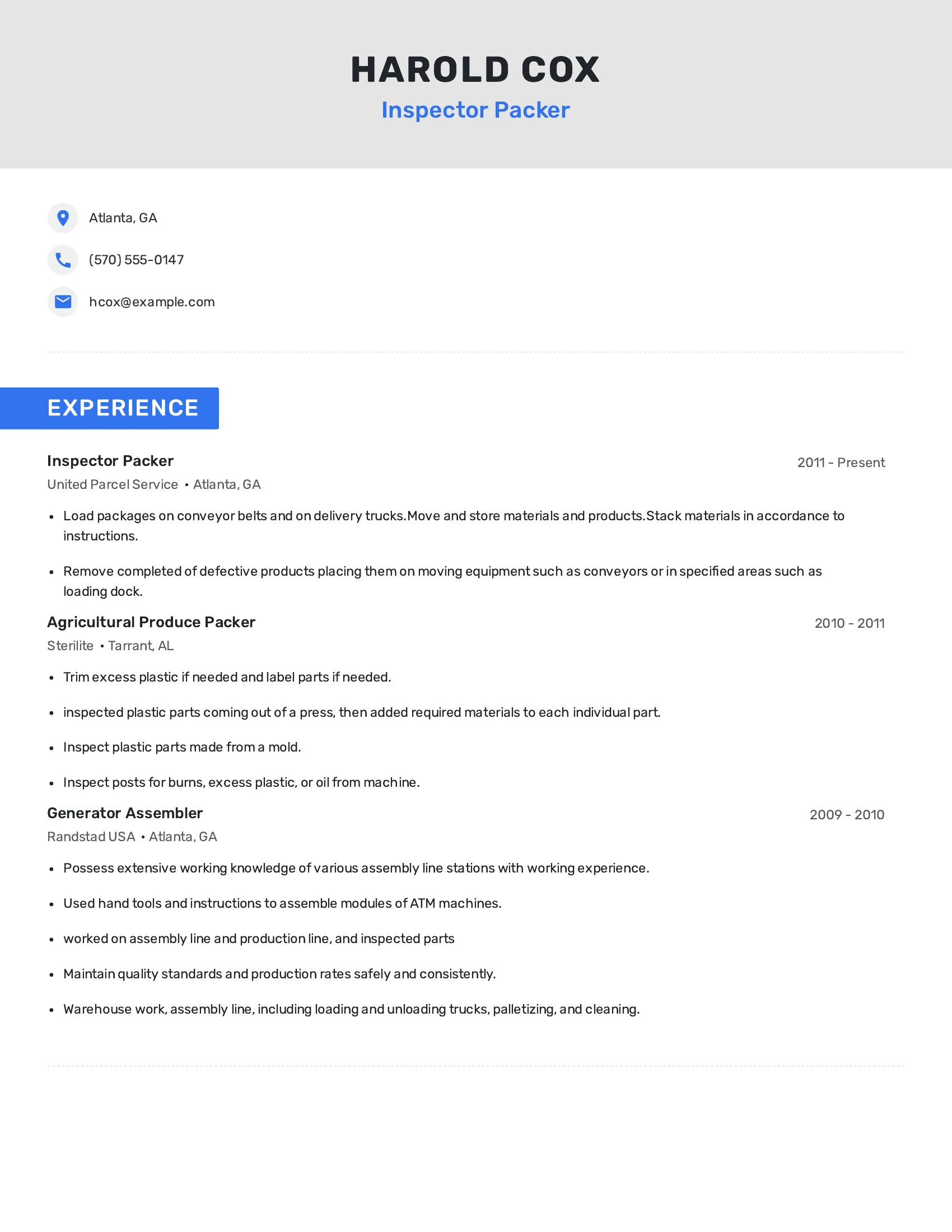 Inspector Packer resume example
