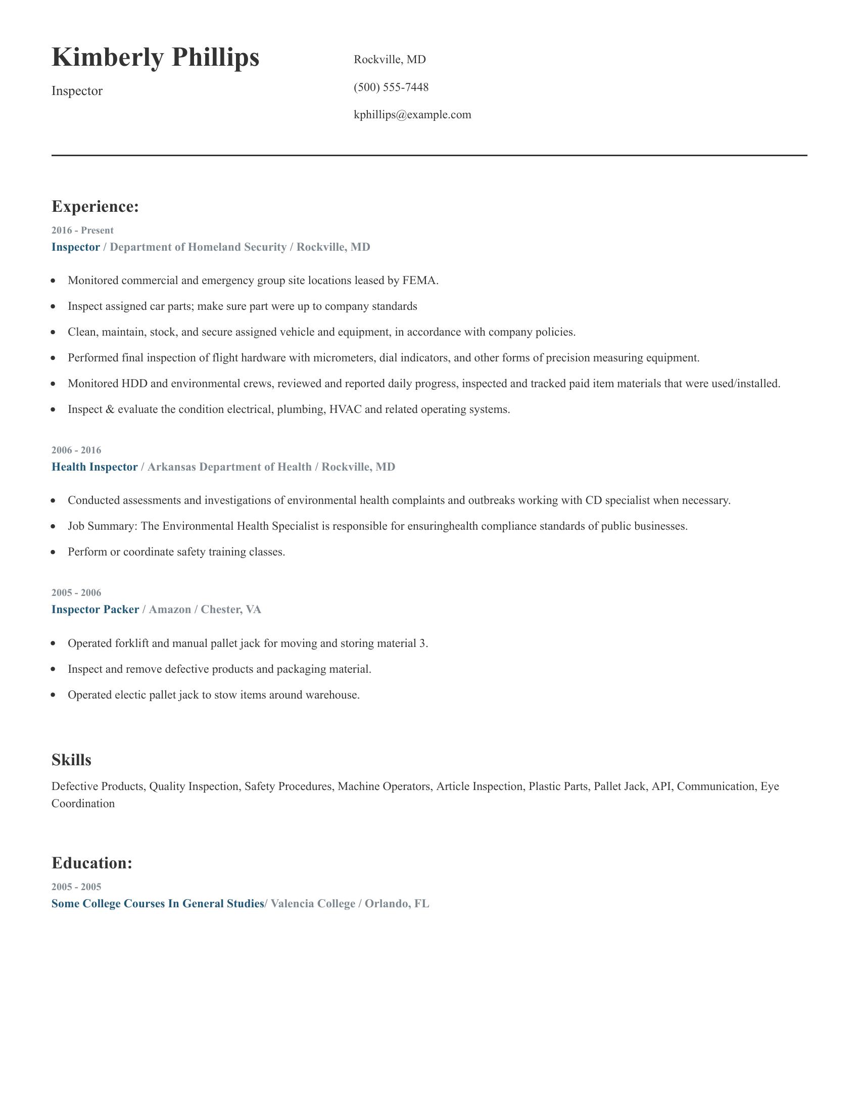 Inspector resume example