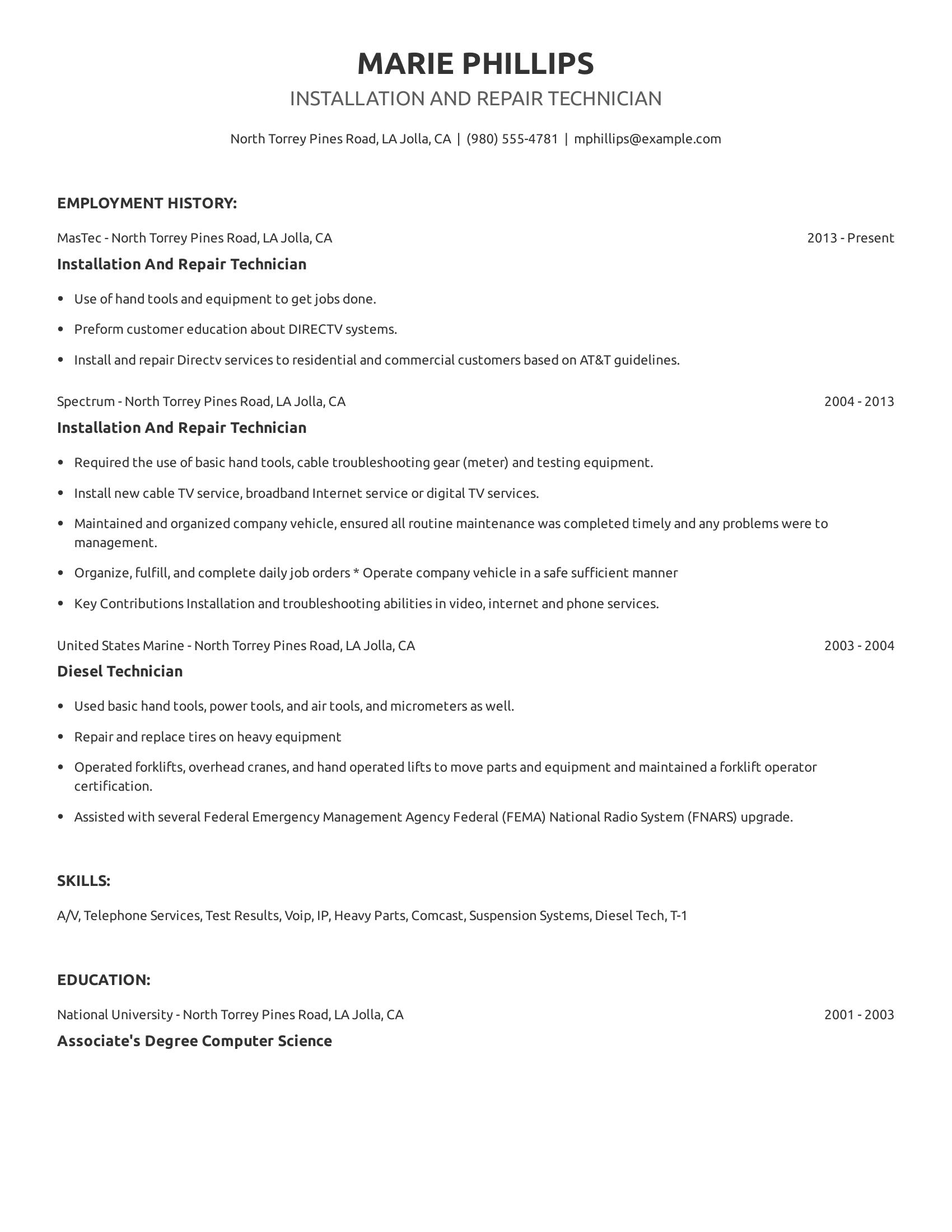 Installation And Repair Technician resume example