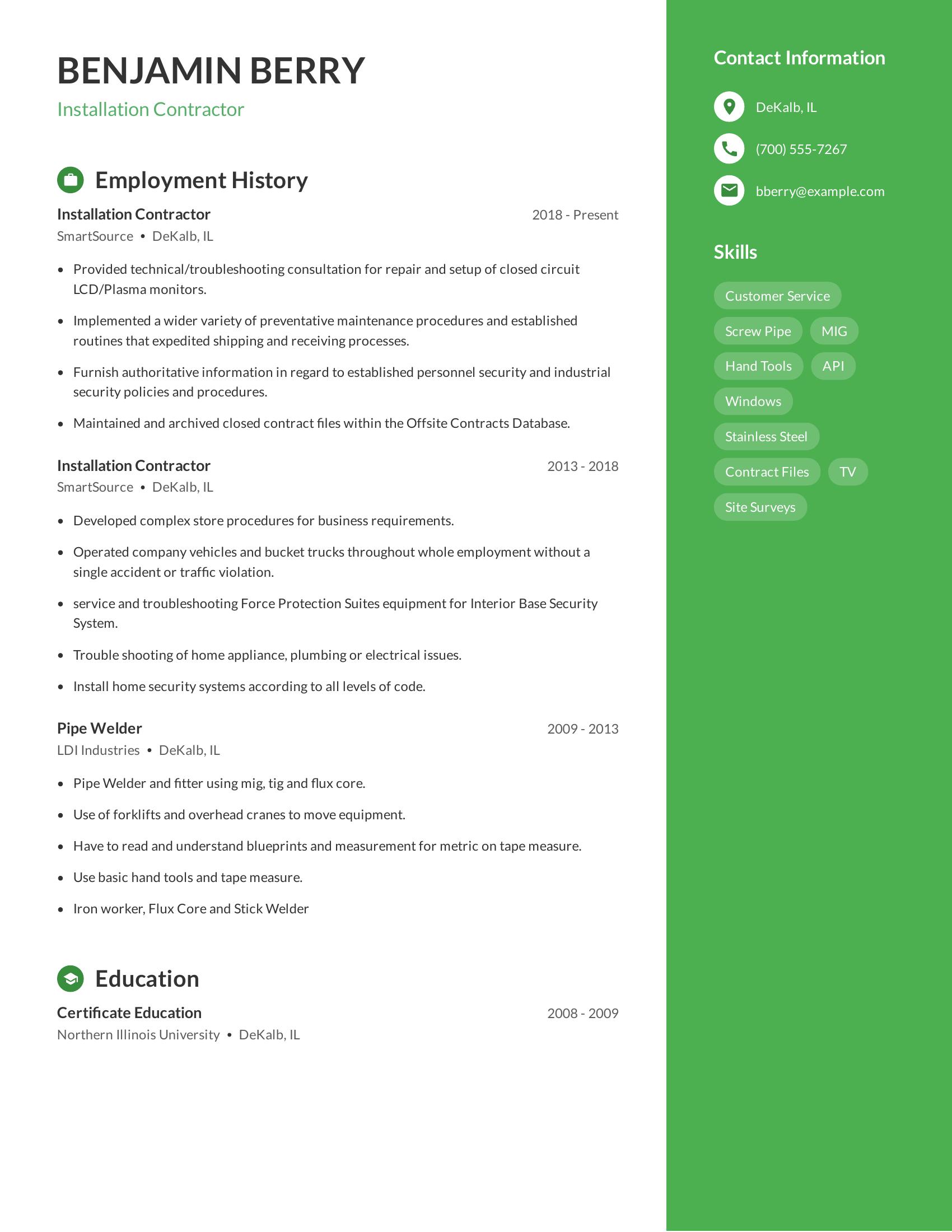 Installation Contractor resume example