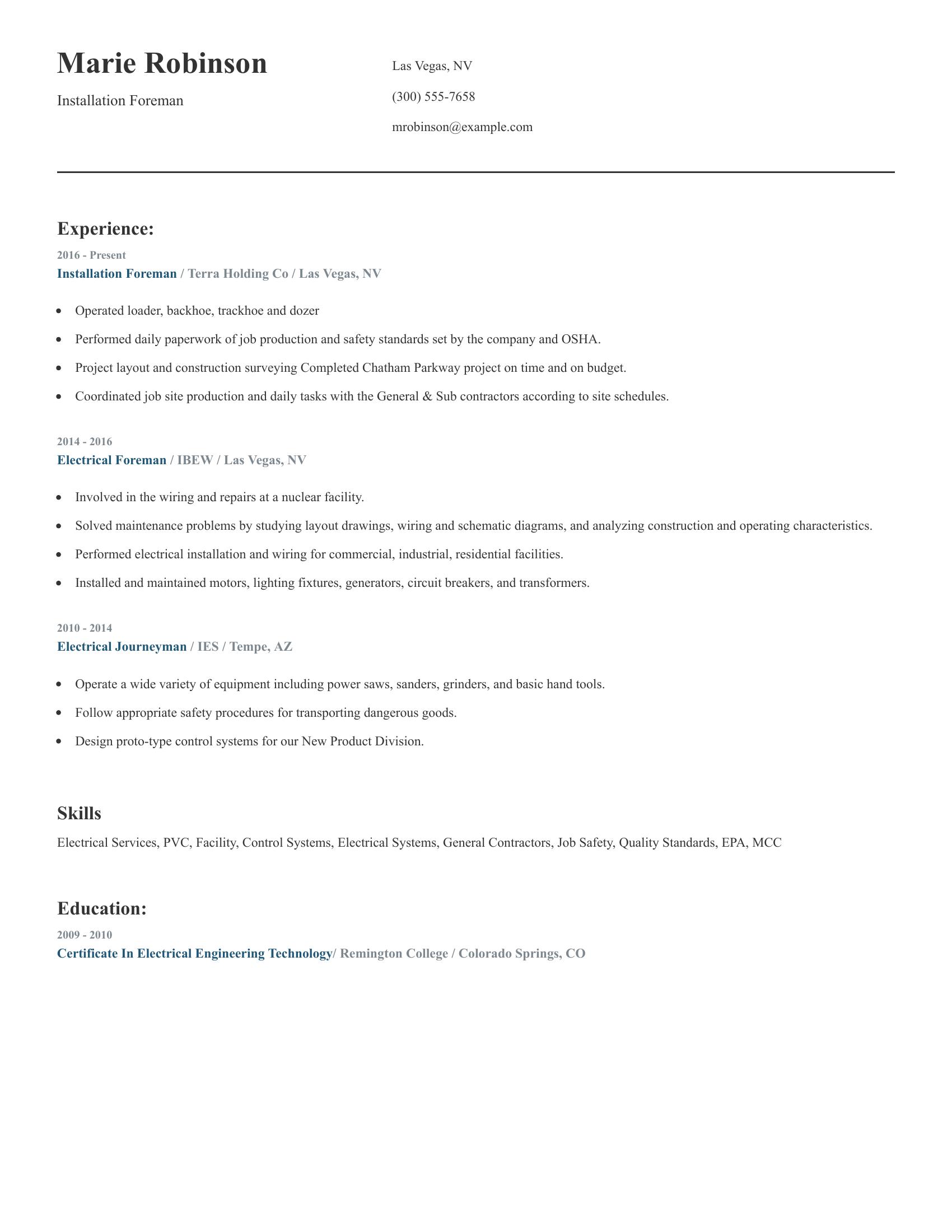 Installation Foreman resume example