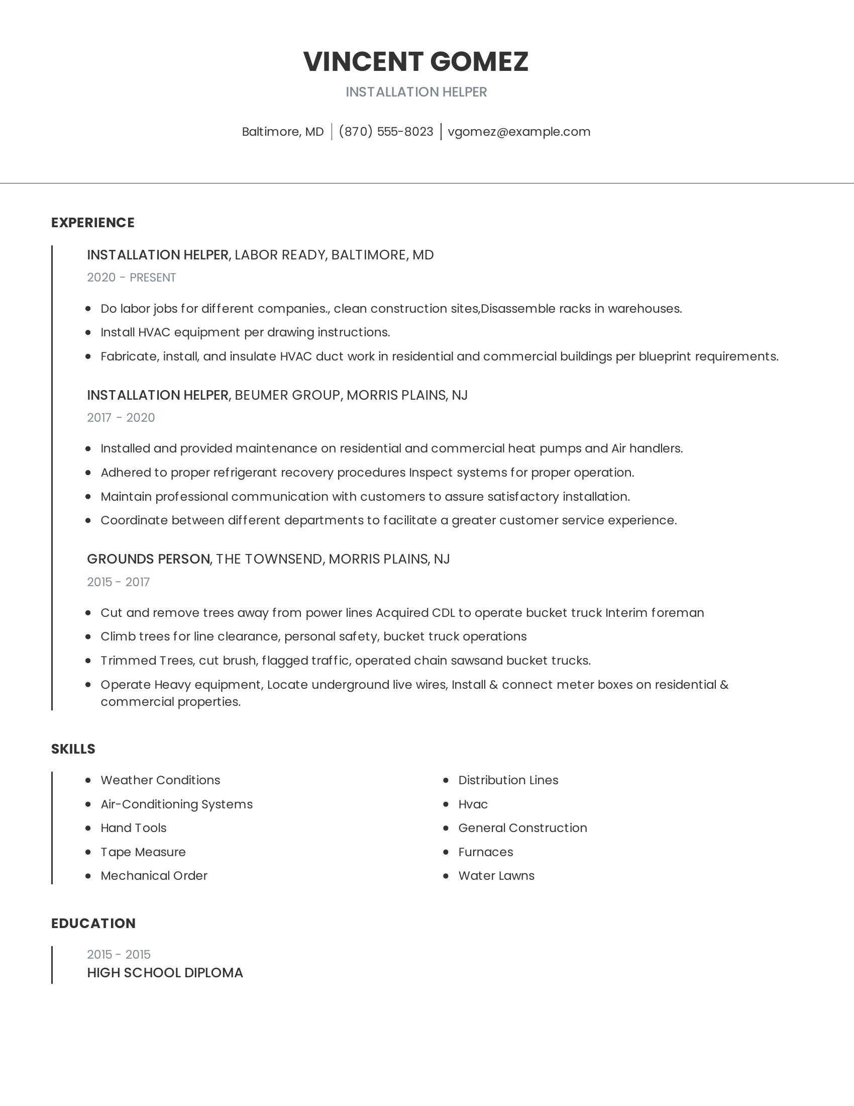 Installation Helper resume example