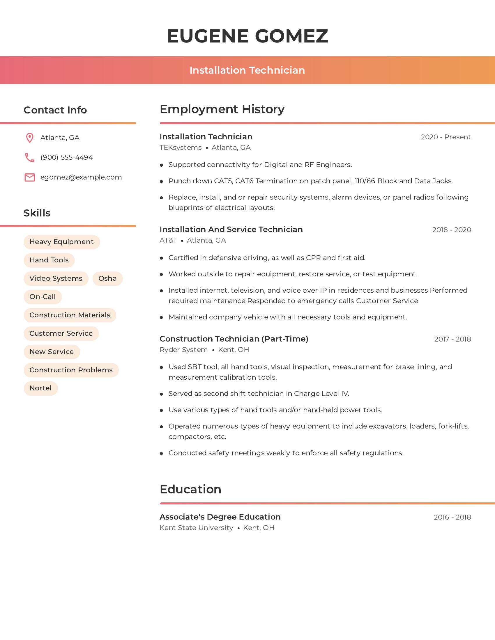 Installation Technician resume example
