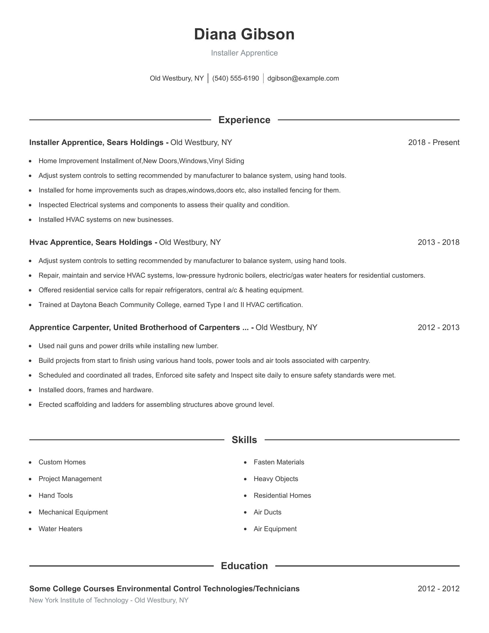 Installer Apprentice resume example