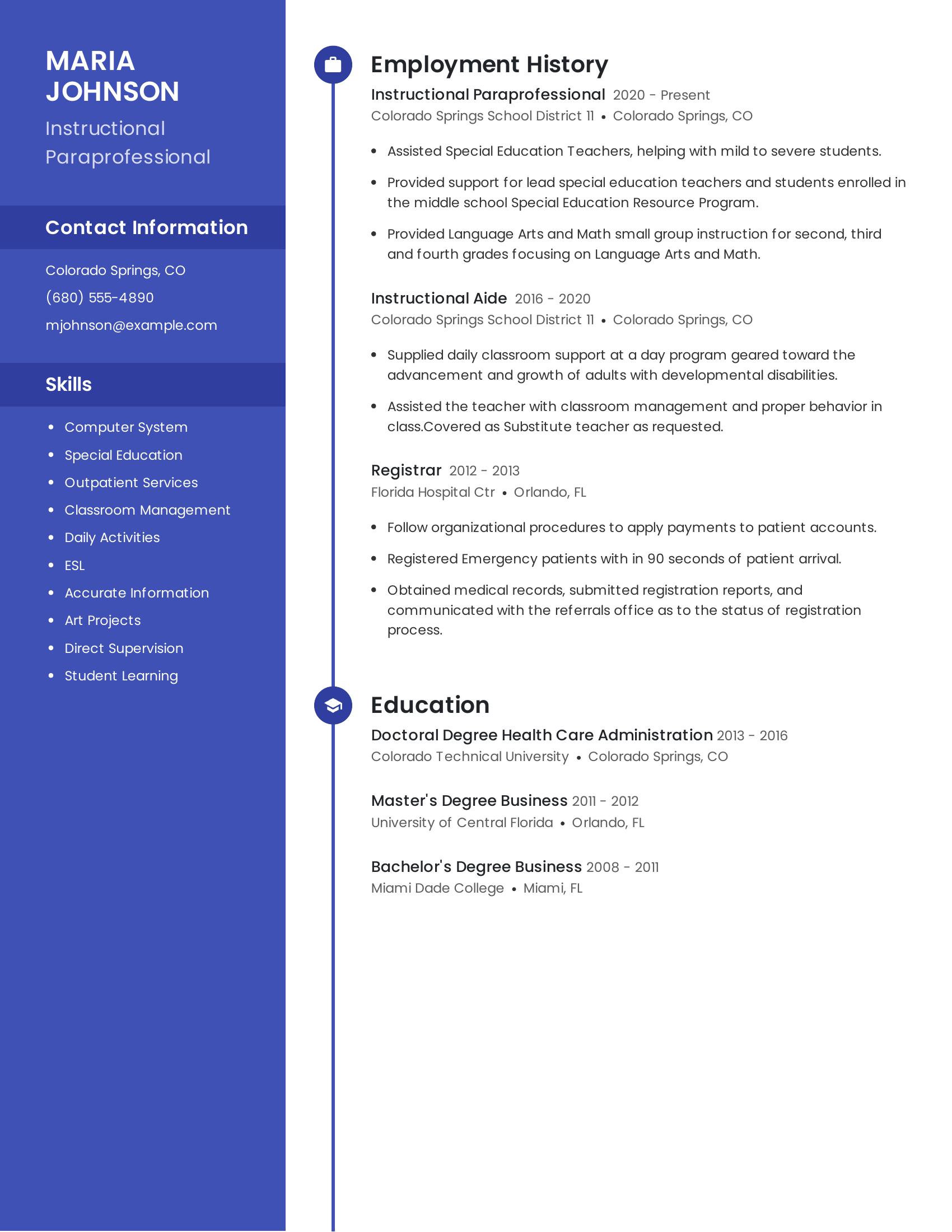 Instructional Paraprofessional resume example