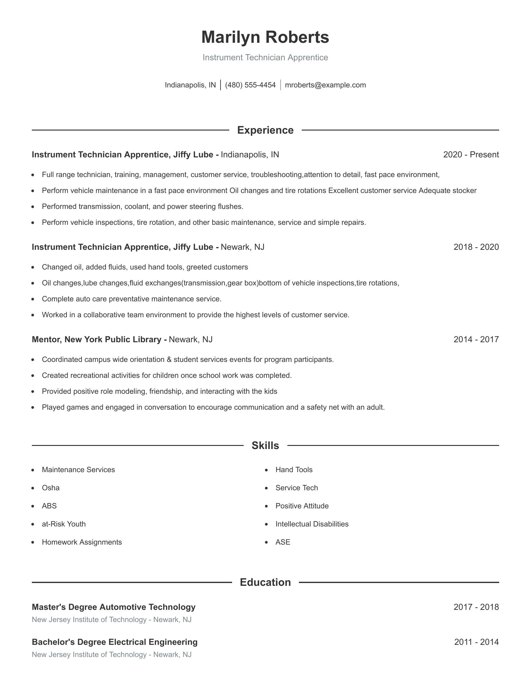 Instrument Technician Apprentice resume example