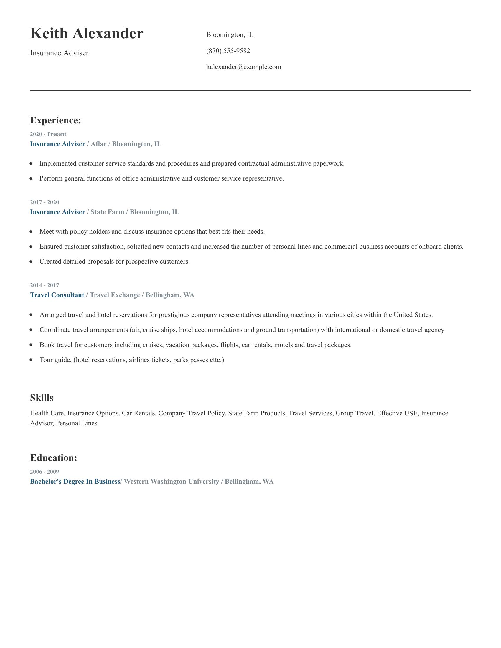 Insurance Adviser resume example