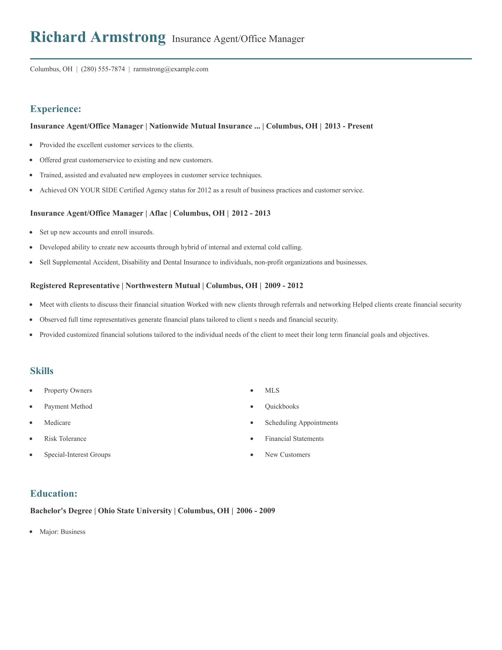 Insurance Agent/Office Manager resume example