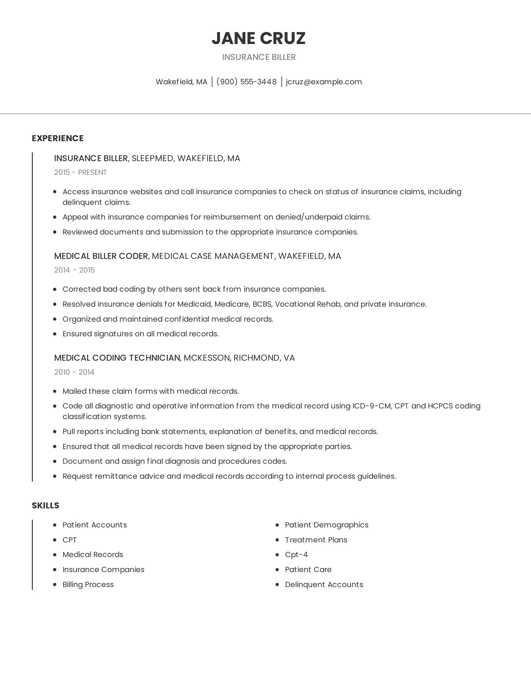 Insurance Biller resume example