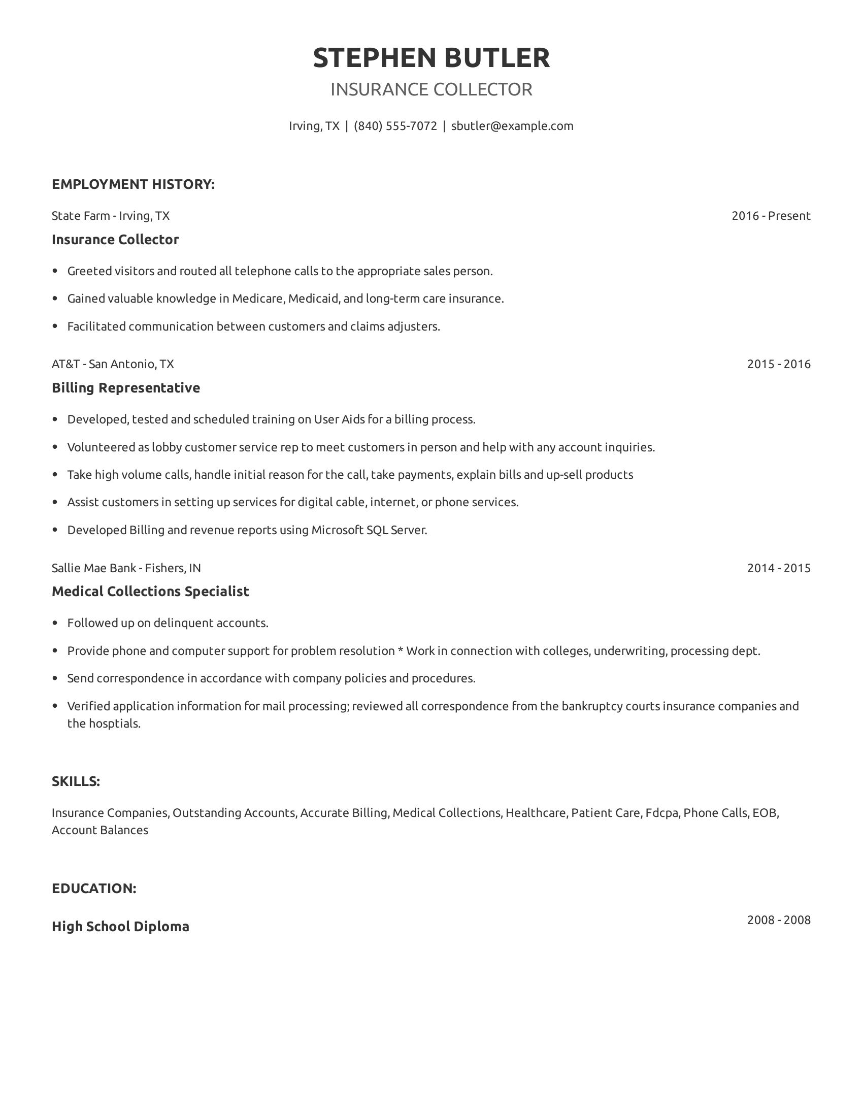 Insurance Collector resume example