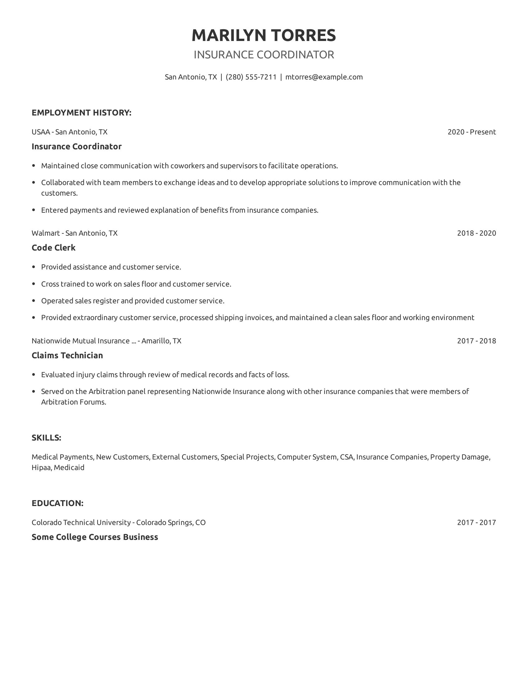 Insurance Coordinator resume example