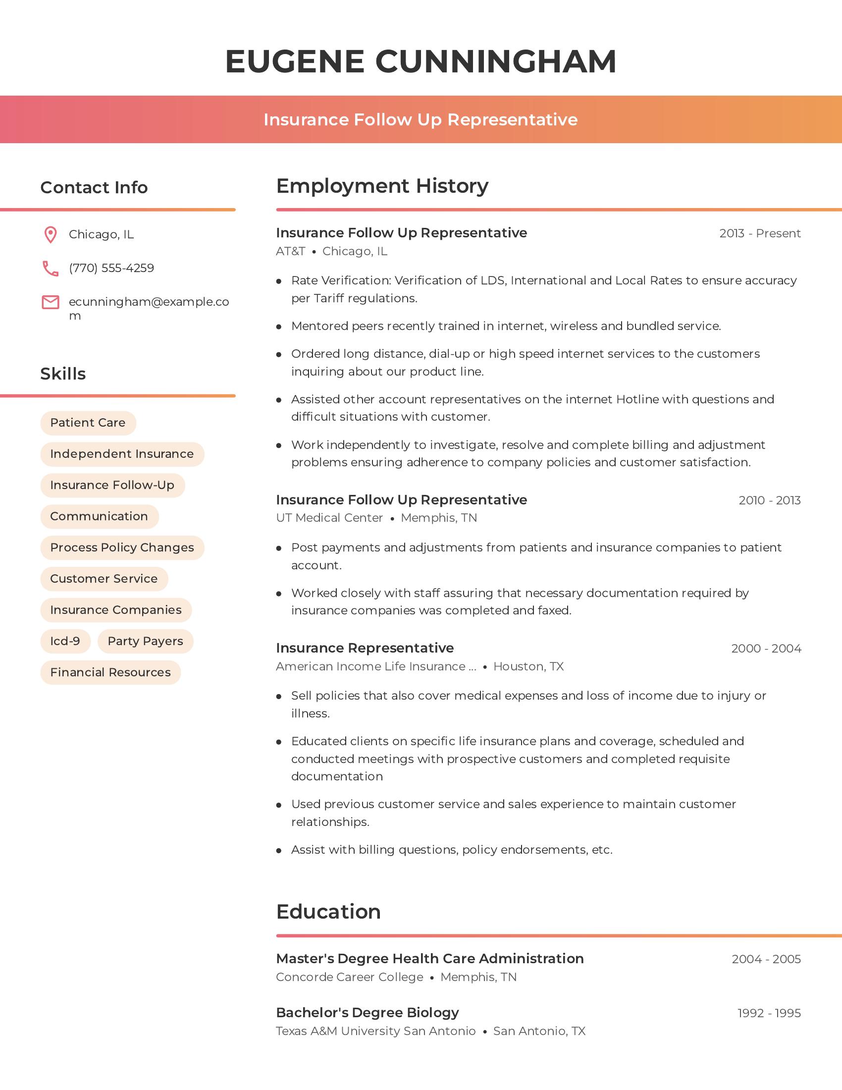 Insurance Follow Up Representative resume example