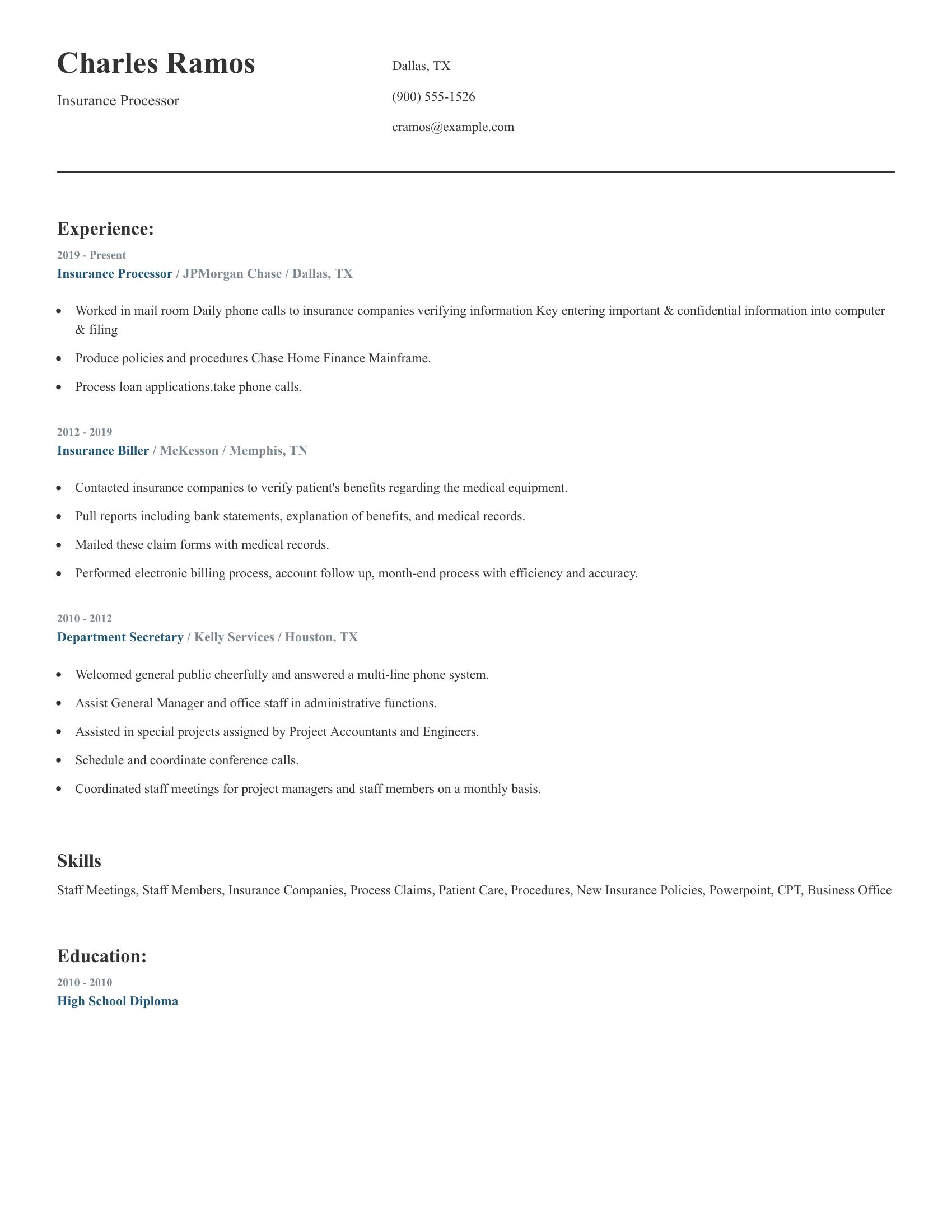 Insurance Processor resume example