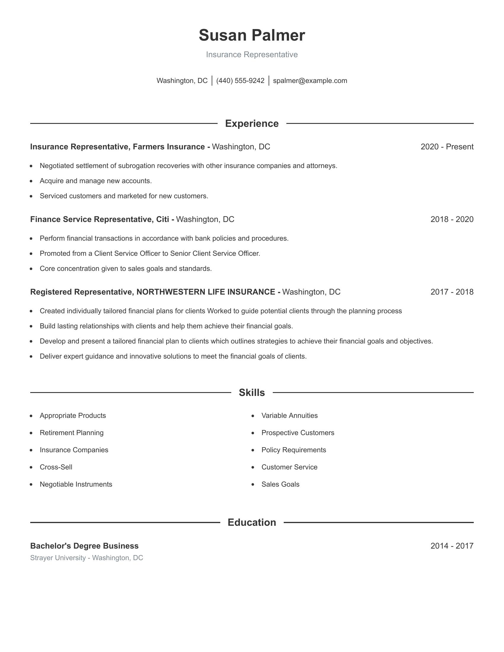 Insurance Representative resume example