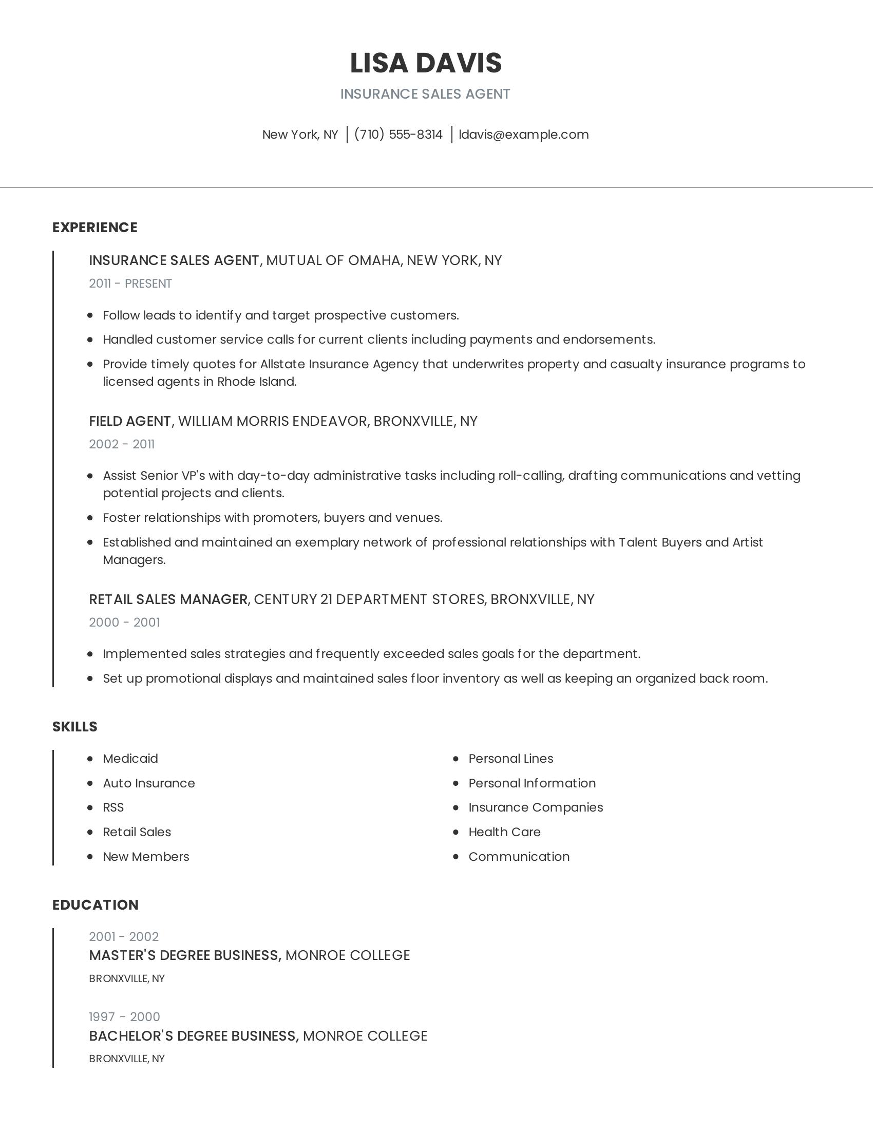 Insurance Sales Agent resume example