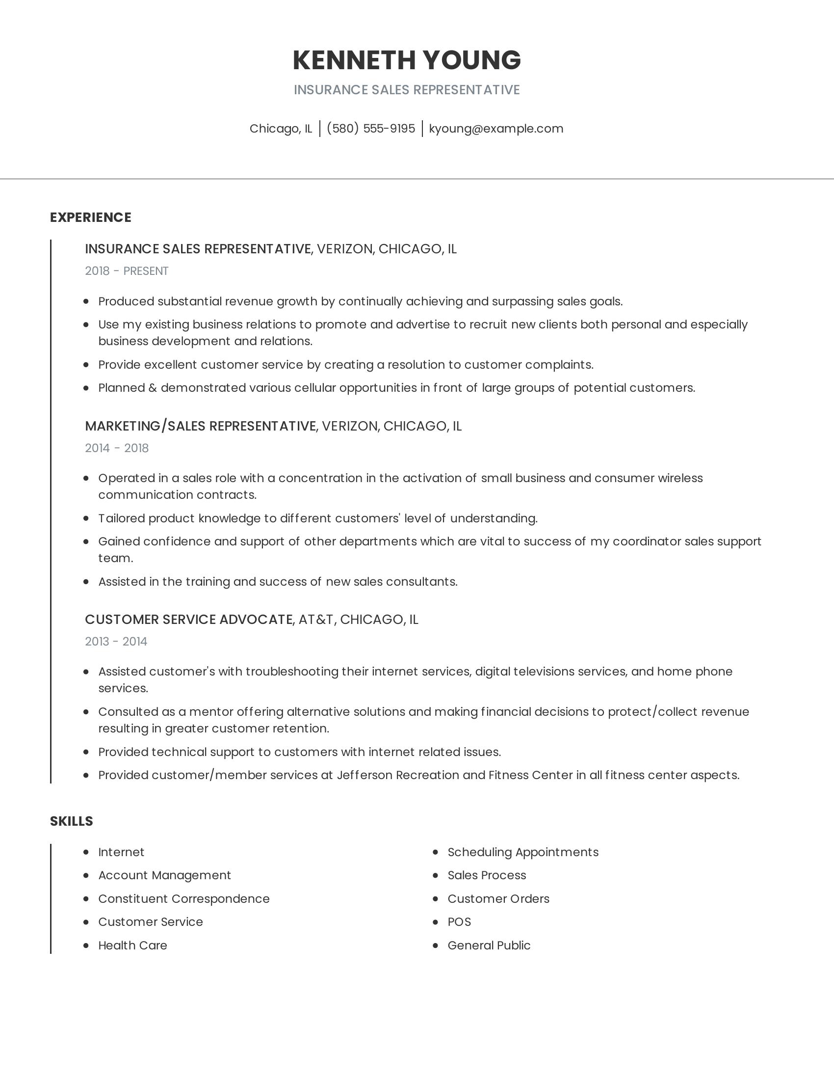 Insurance Sales Representative resume example