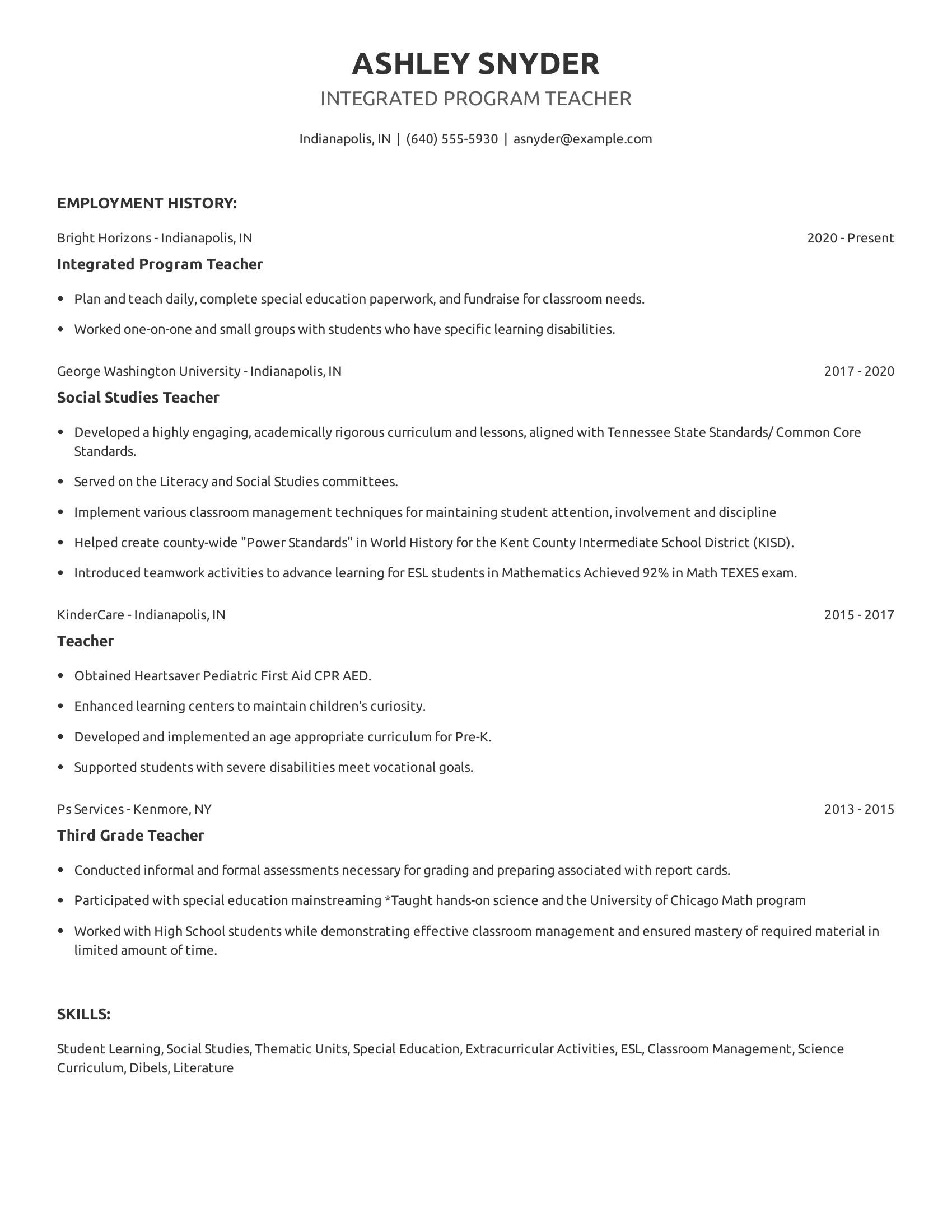 Integrated Program Teacher resume example