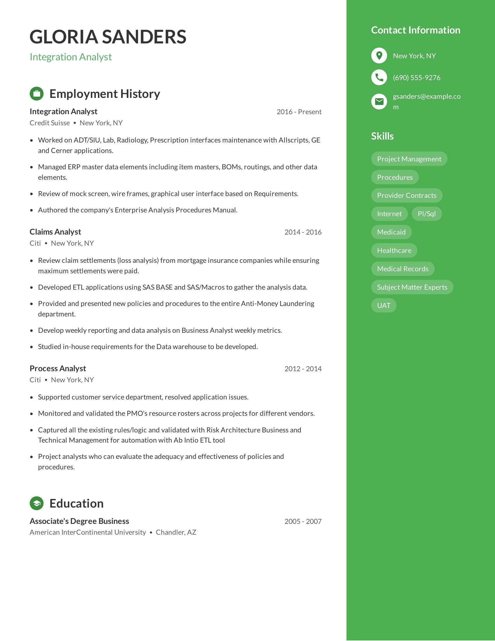 Integration Analyst resume example