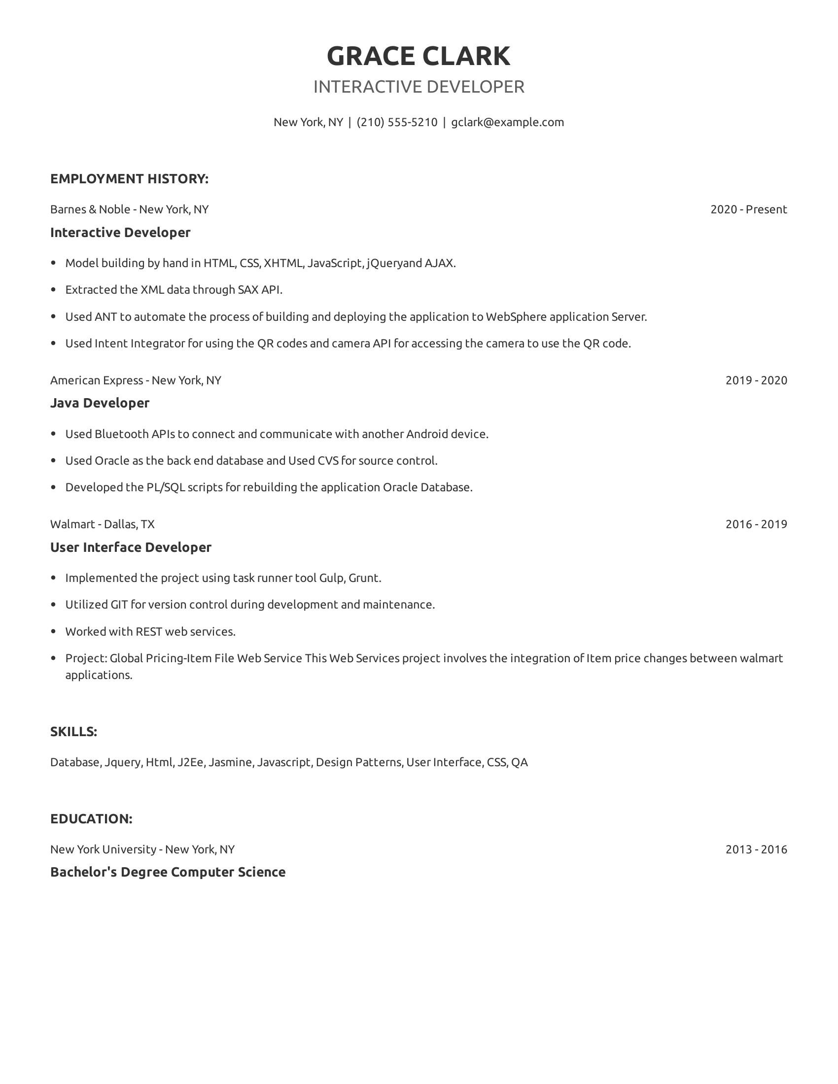 Interactive Developer resume example