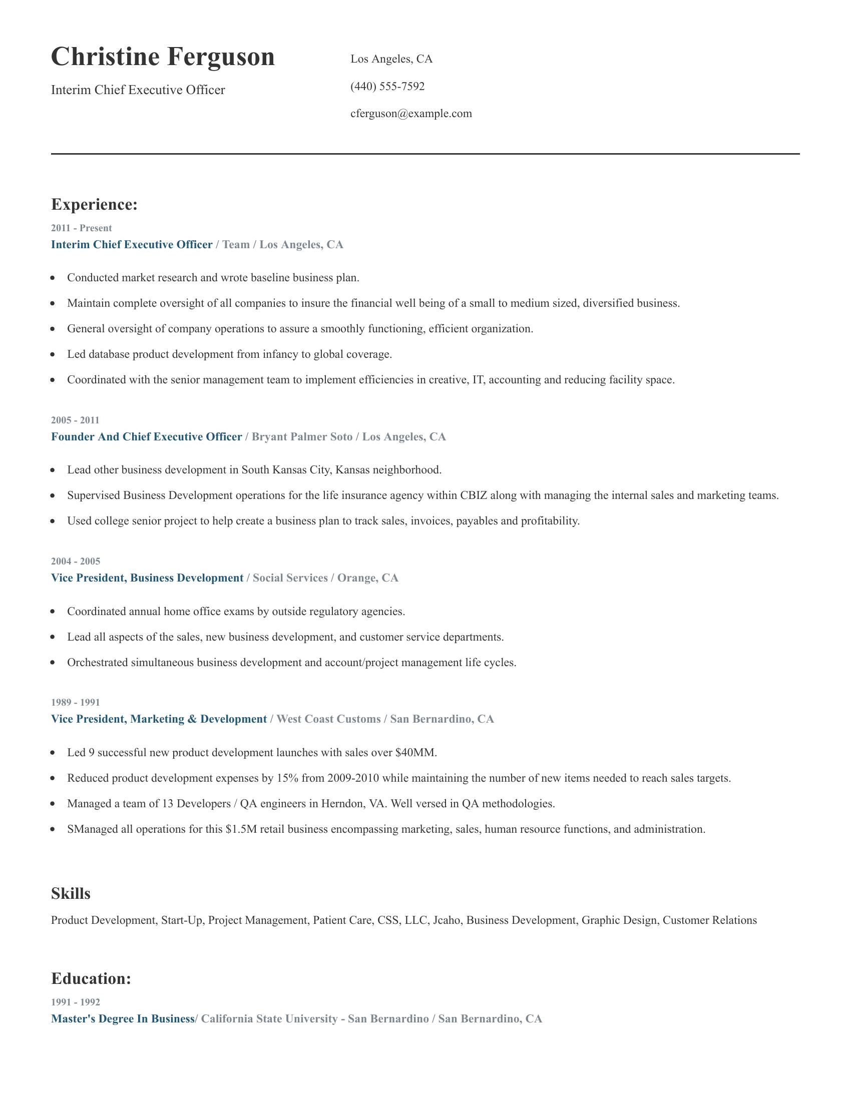 Interim Chief Executive Officer resume example