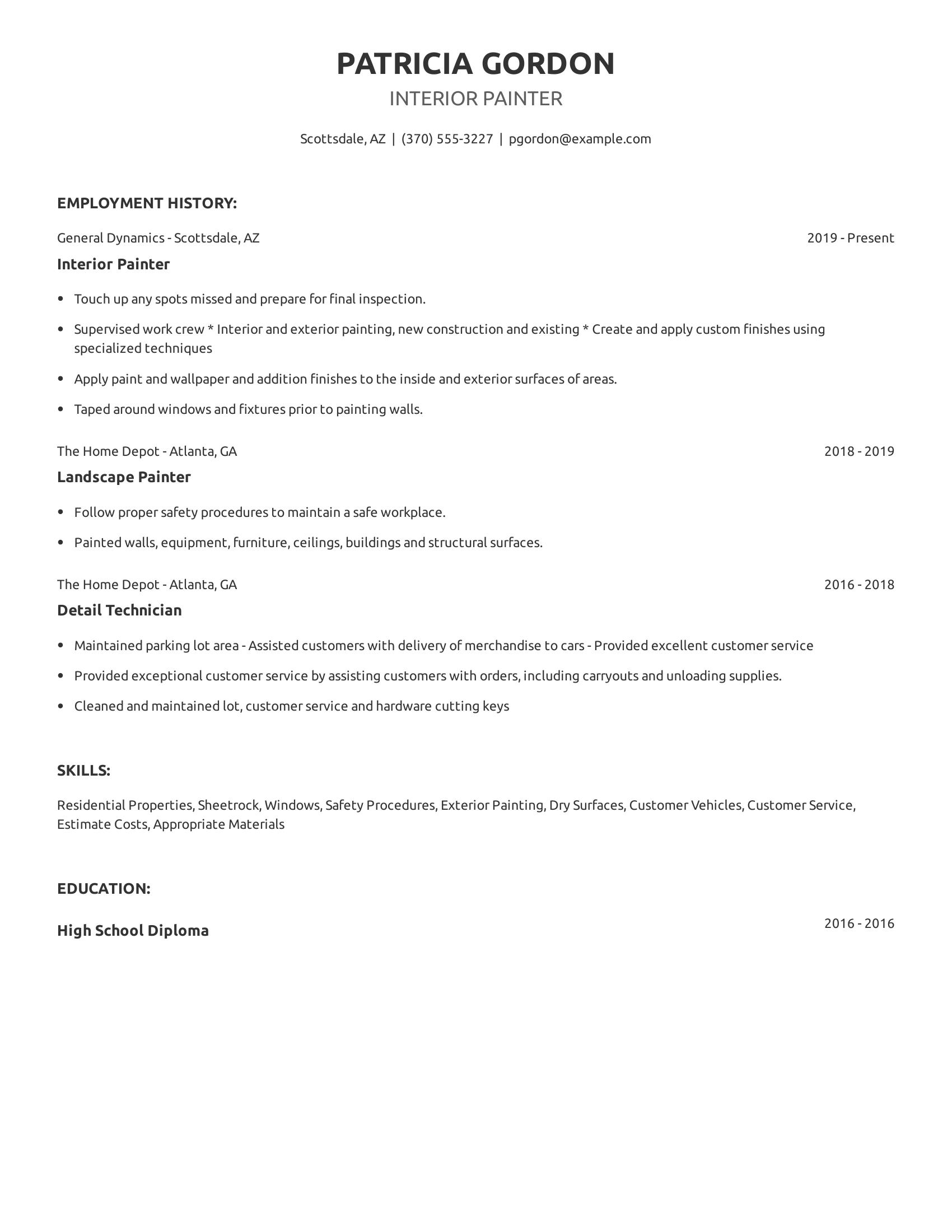 Interior Painter resume example